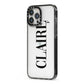 Personalised Transparent Name iPhone 13 Pro Max Black Impact Case Side Angle on Silver phone