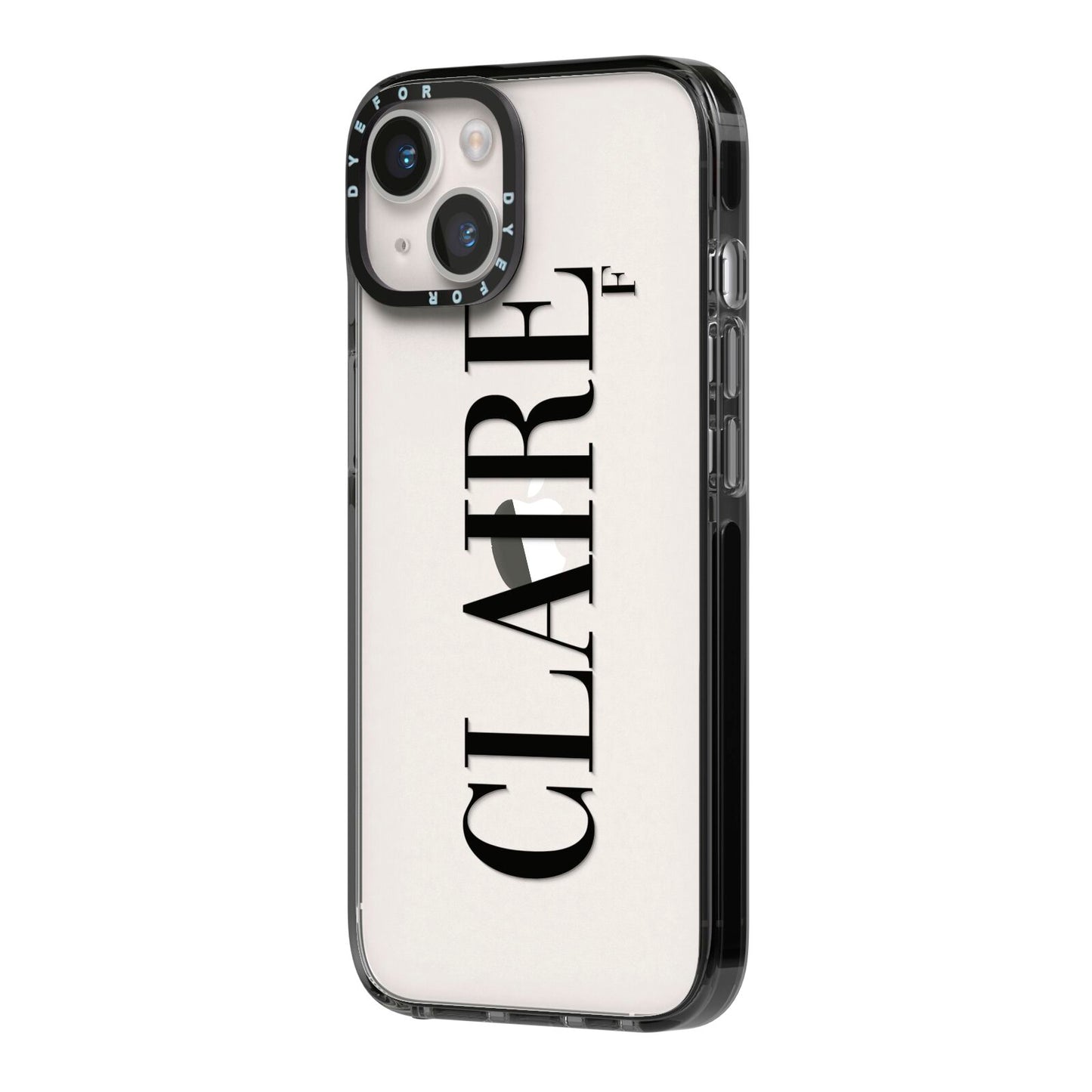 Personalised Transparent Name iPhone 14 Black Impact Case Side Angle on Silver phone