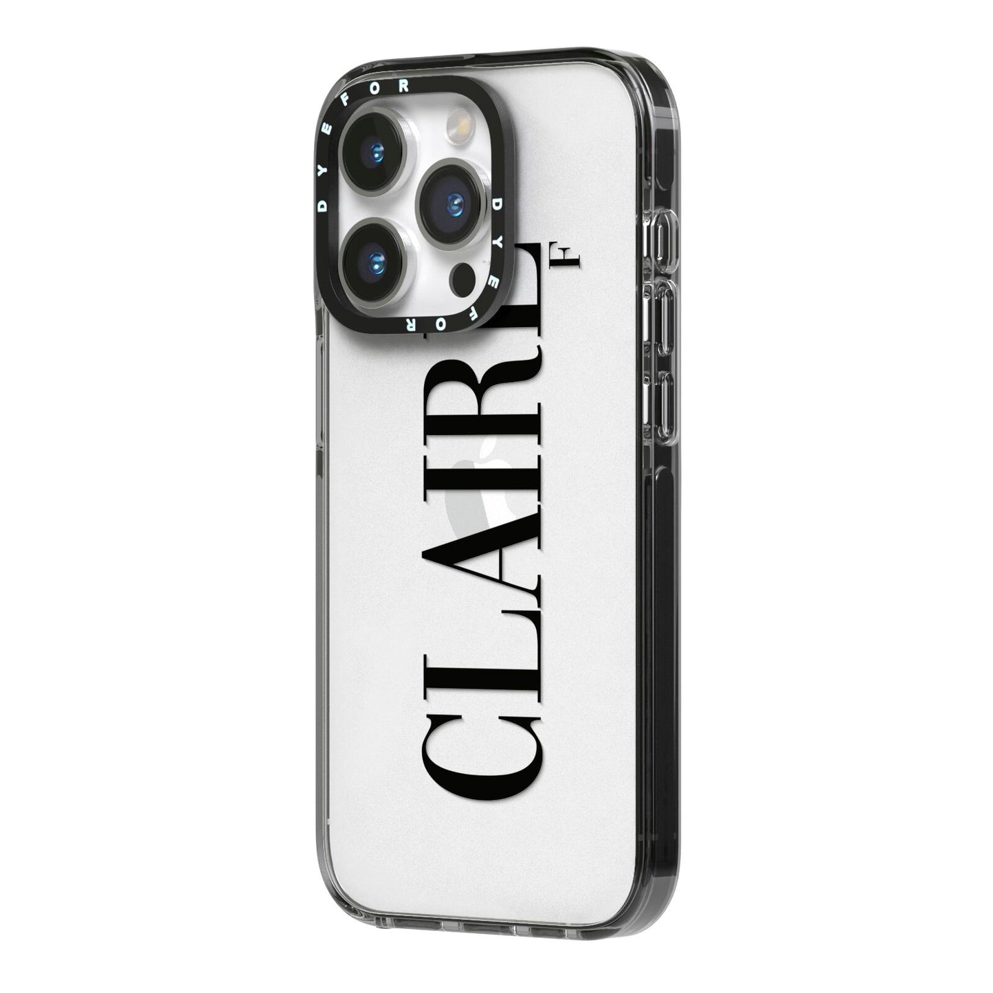 Personalised Transparent Name iPhone 14 Pro Black Impact Case Side Angle on Silver phone