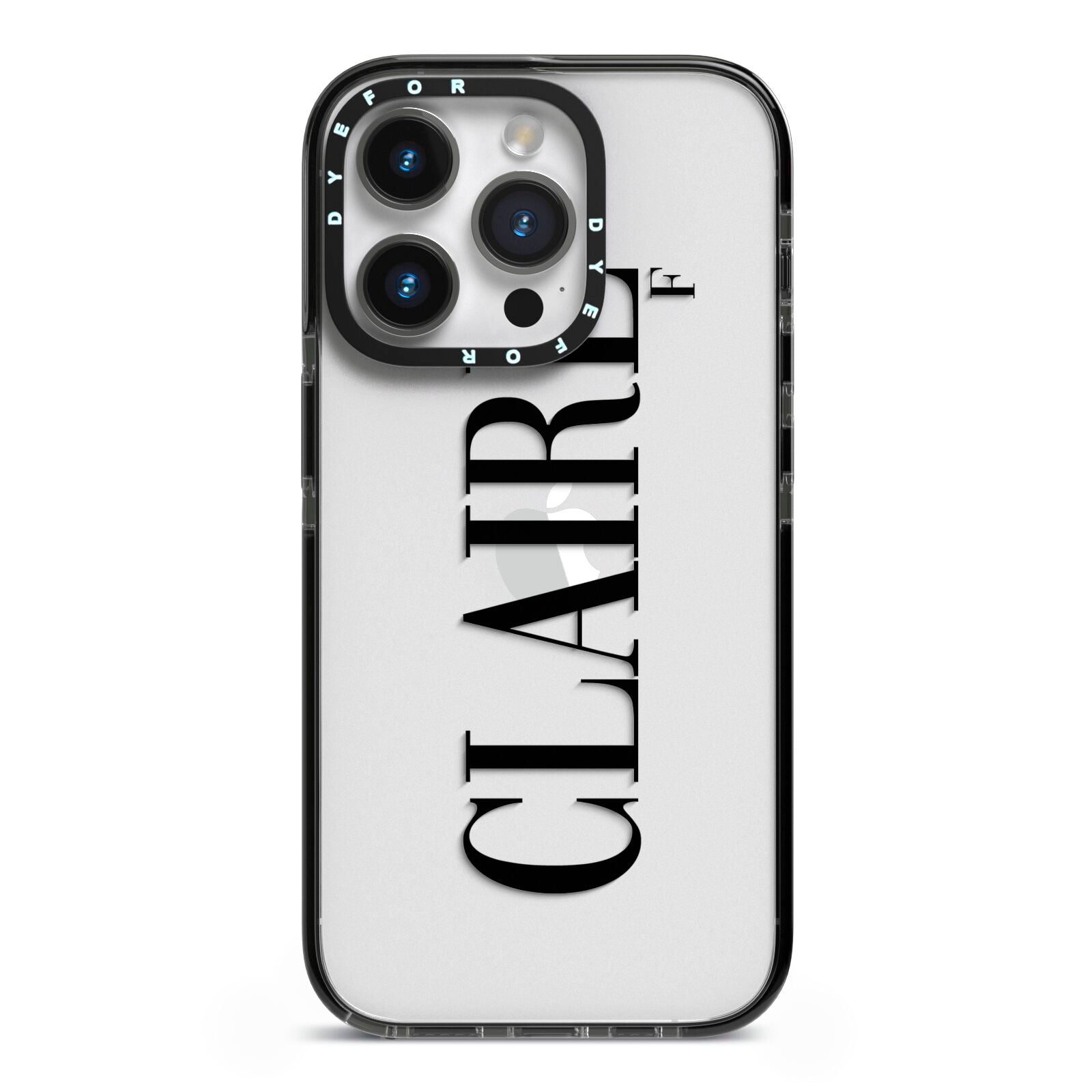 Personalised Transparent Name iPhone 14 Pro Black Impact Case on Silver phone