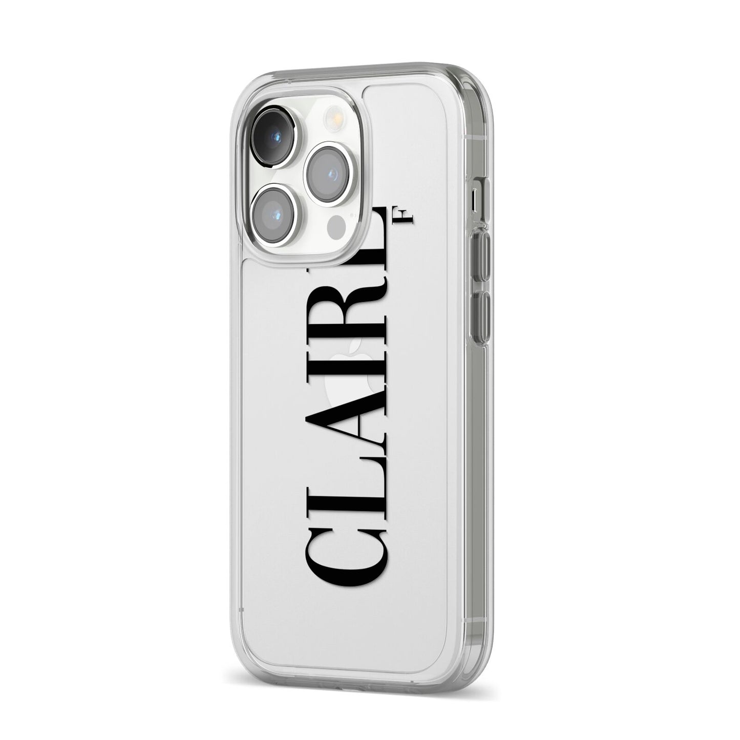Personalised Transparent Name iPhone 14 Pro Clear Tough Case Silver Angled Image
