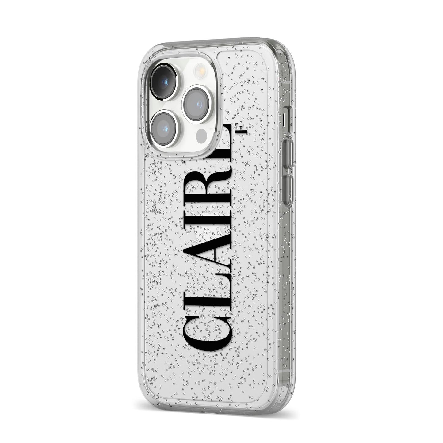 Personalised Transparent Name iPhone 14 Pro Glitter Tough Case Silver Angled Image