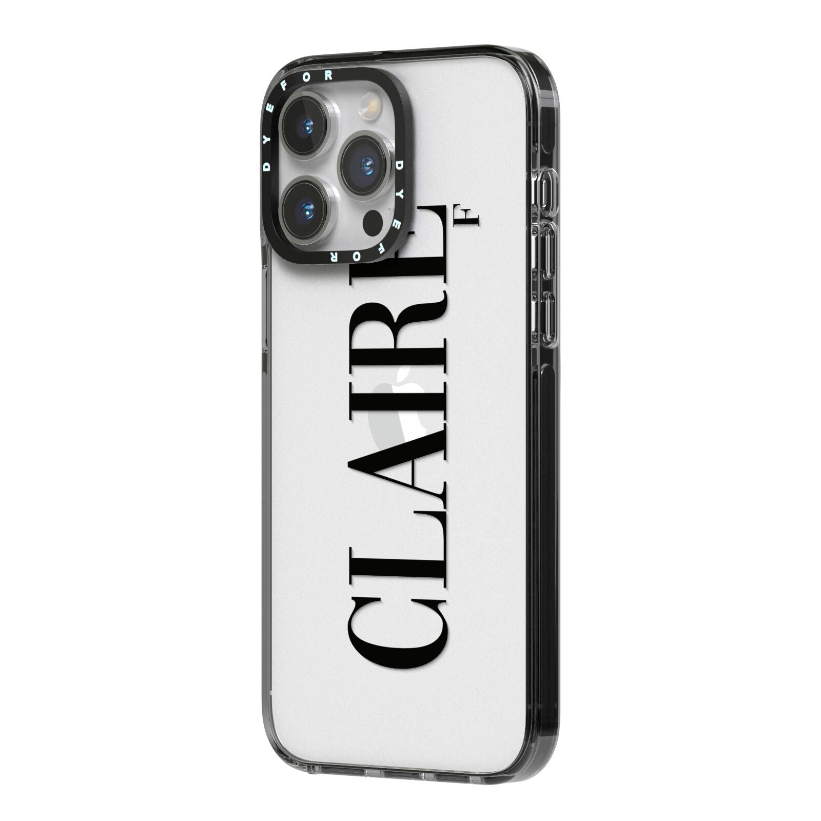Personalised Transparent Name iPhone 14 Pro Max Black Impact Case Side Angle on Silver phone