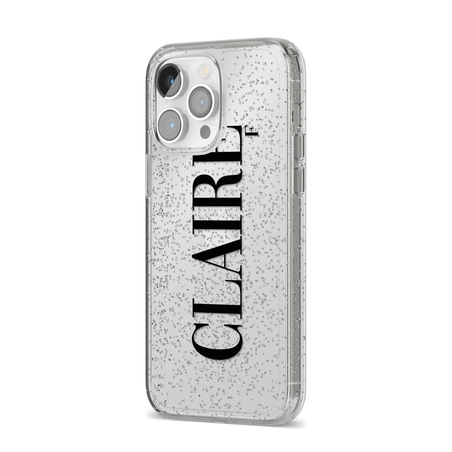 Personalised Transparent Name iPhone 14 Pro Max Glitter Tough Case Silver Angled Image