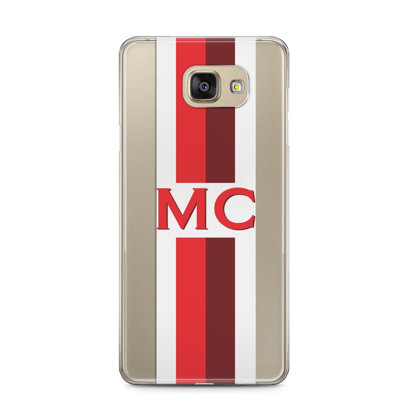 Personalised Transparent Red Bordeaux Stripe Samsung Galaxy A5 2016 Case on gold phone
