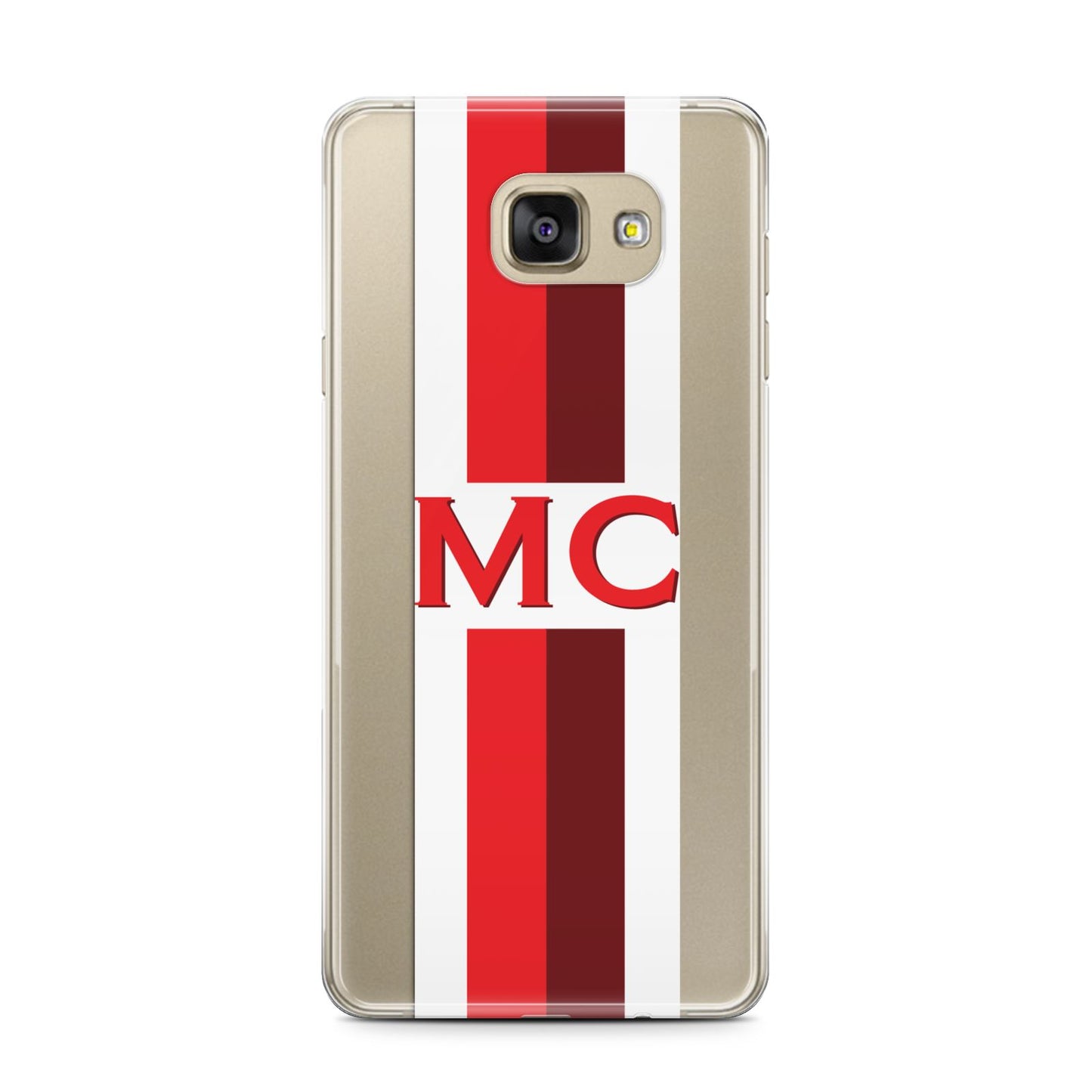 Personalised Transparent Red Bordeaux Stripe Samsung Galaxy A7 2016 Case on gold phone