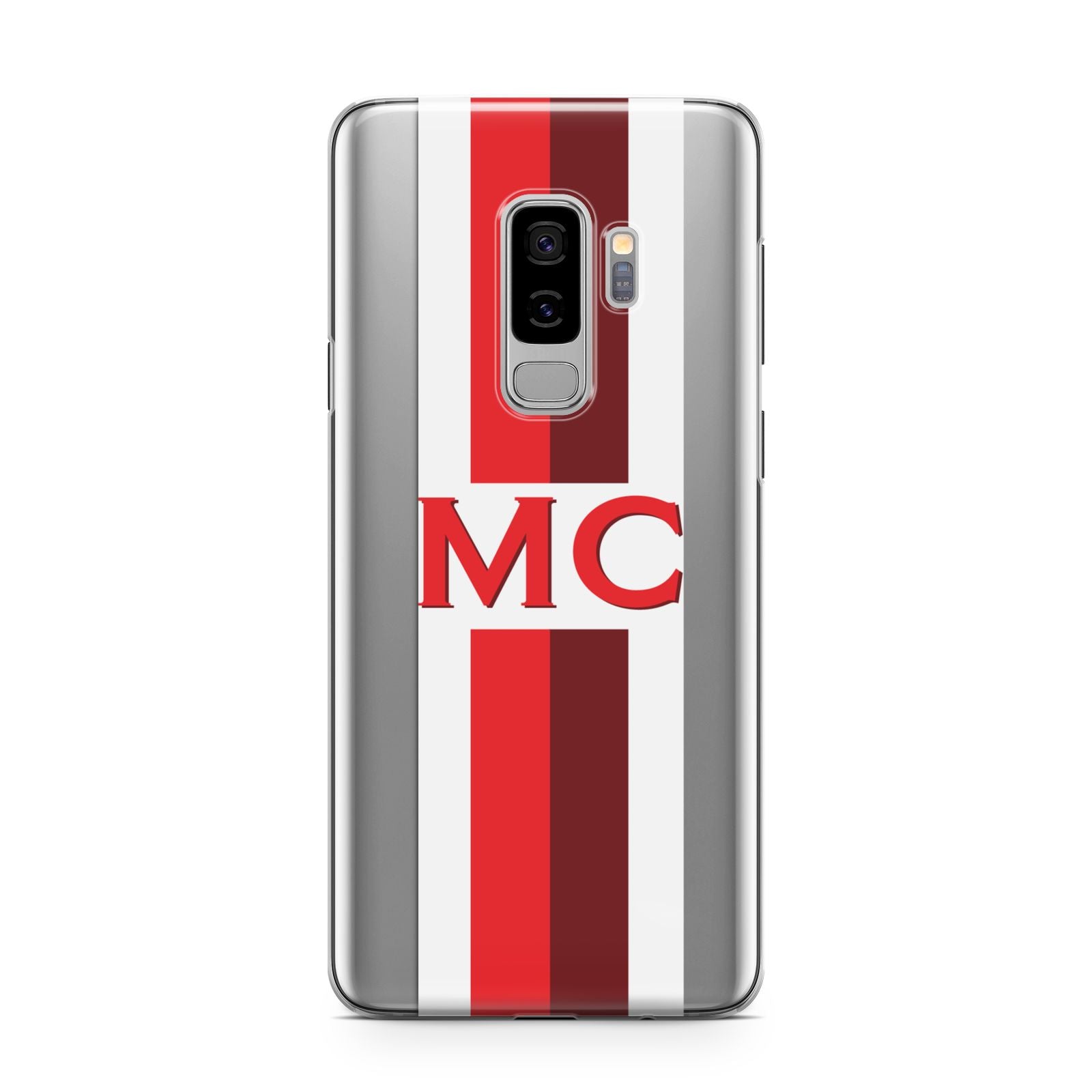 Personalised Transparent Red Bordeaux Stripe Samsung Galaxy S9 Plus Case on Silver phone