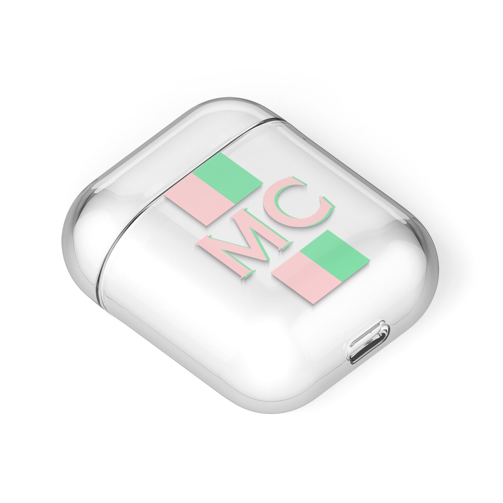 Personalised Transparent Striped Coral Pink AirPods Case Laid Flat