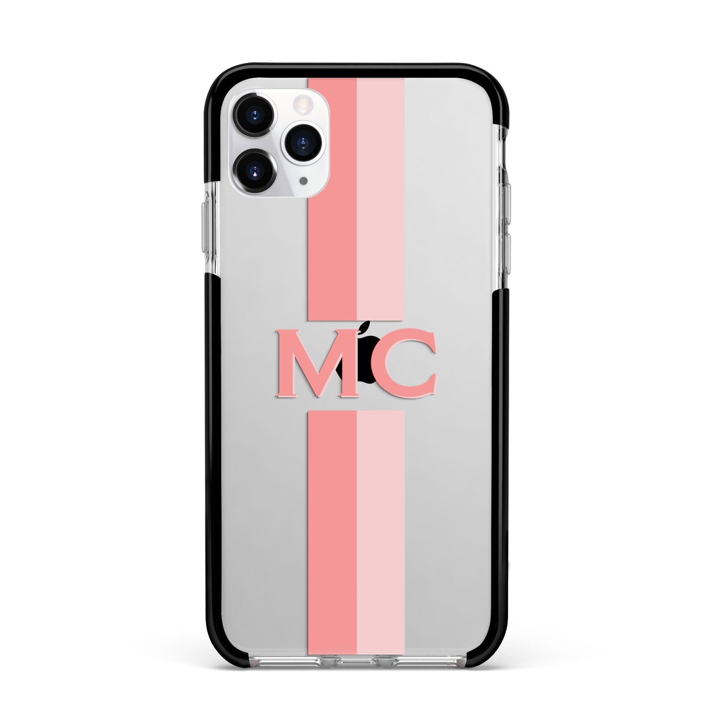Personalised Transparent Striped Coral Pink Apple iPhone 11 Pro Max in Silver with Black Impact Case