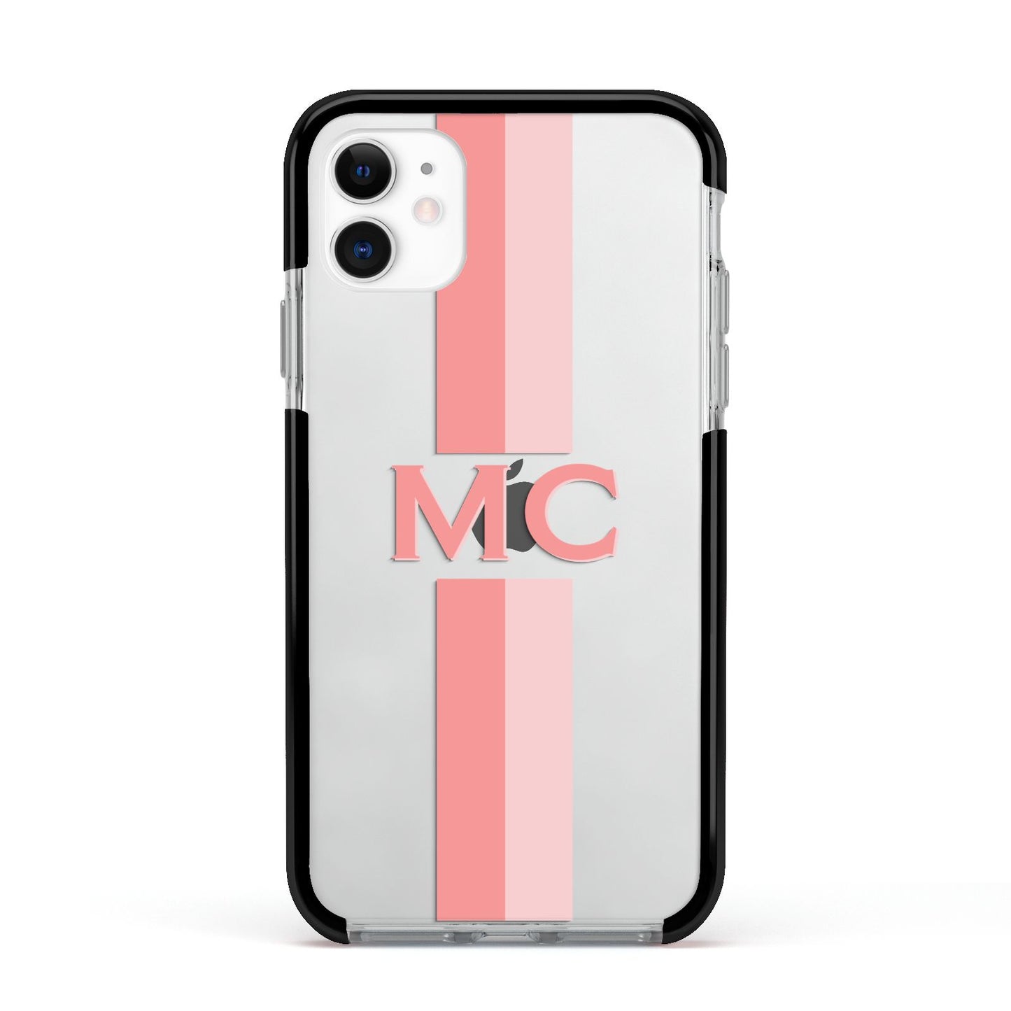 Personalised Transparent Striped Coral Pink Apple iPhone 11 in White with Black Impact Case