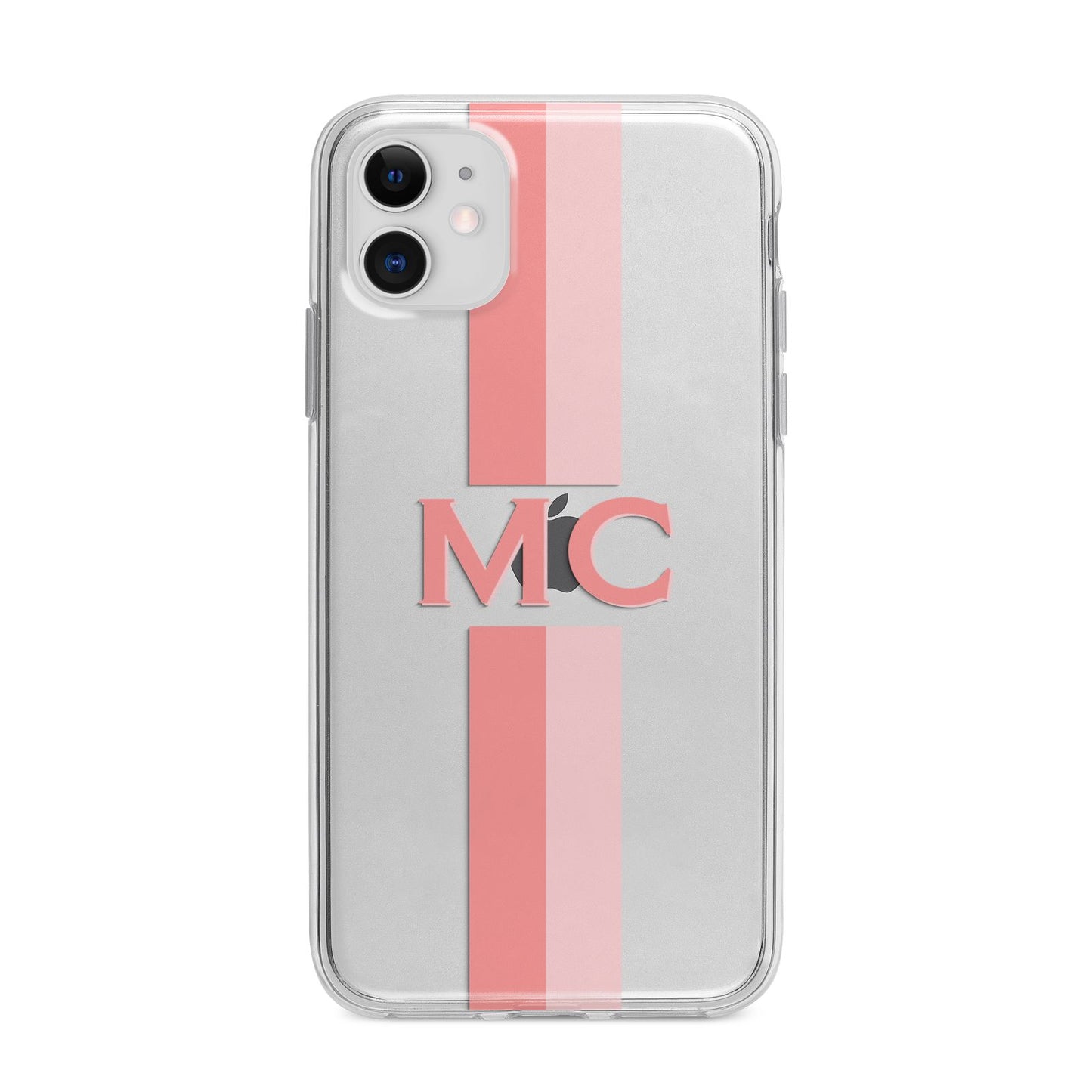Personalised Transparent Striped Coral Pink Apple iPhone 11 in White with Bumper Case