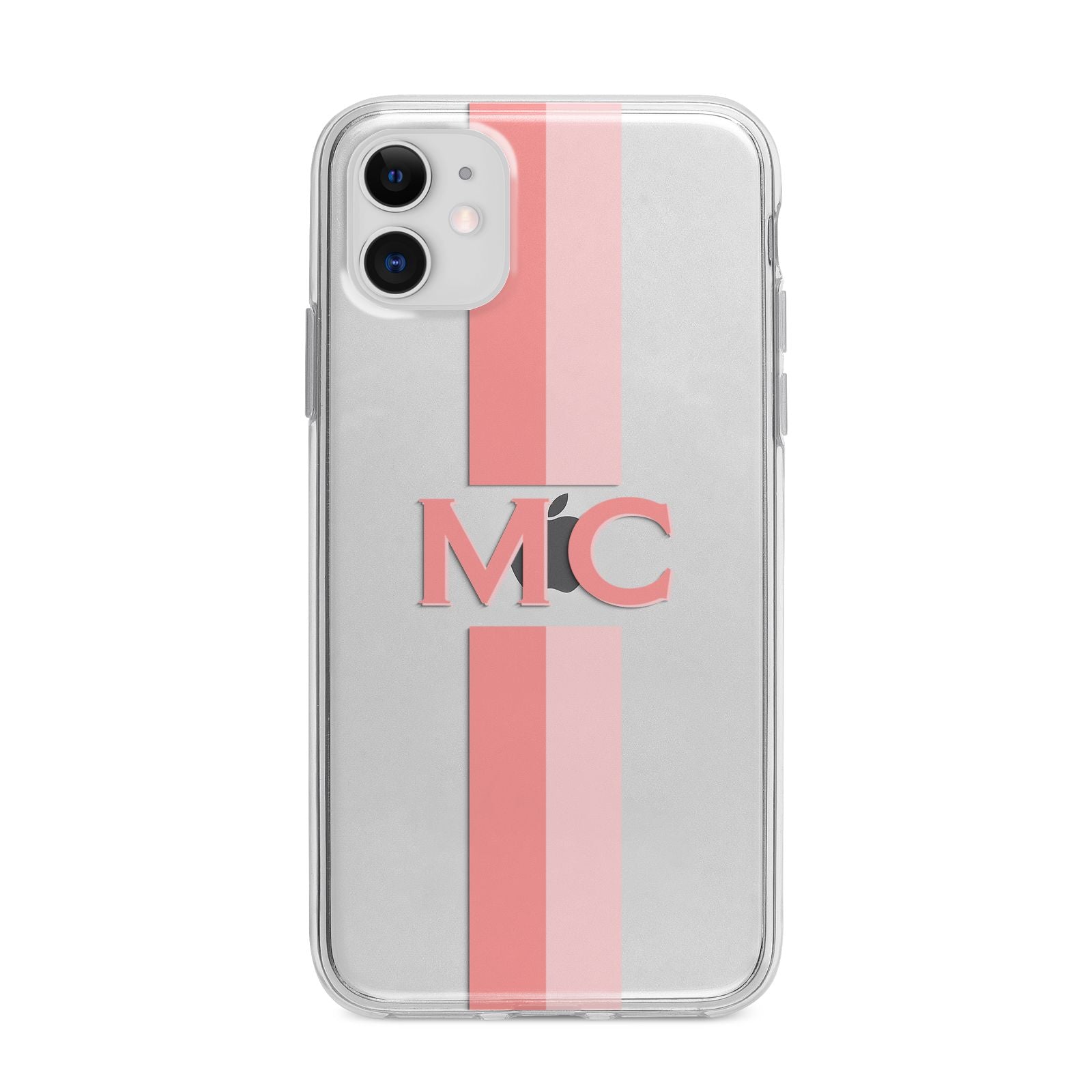 Personalised Transparent Striped Coral Pink Apple iPhone 11 in White with Bumper Case