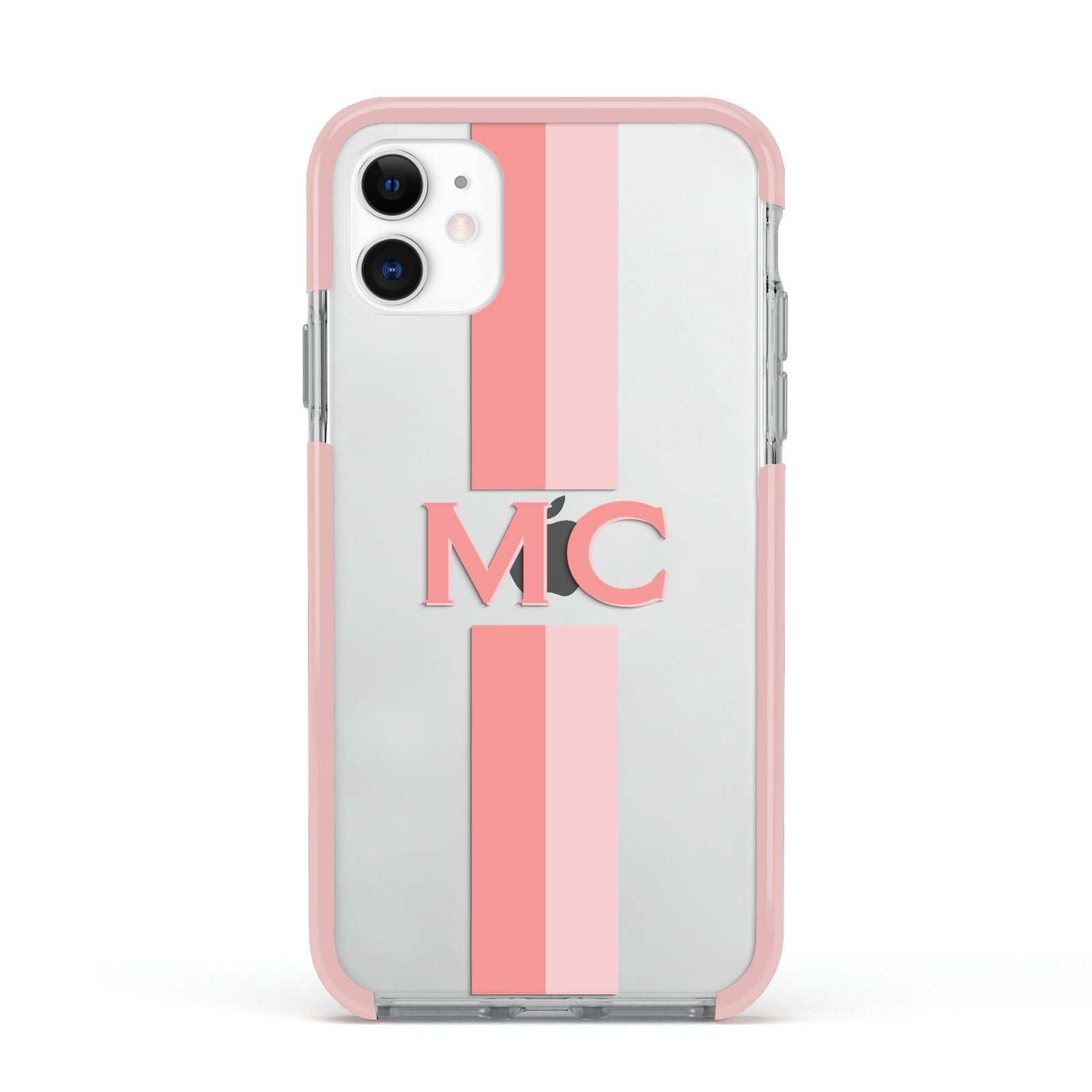 Personalised Transparent Striped Coral Pink Apple iPhone 11 in White with Pink Impact Case