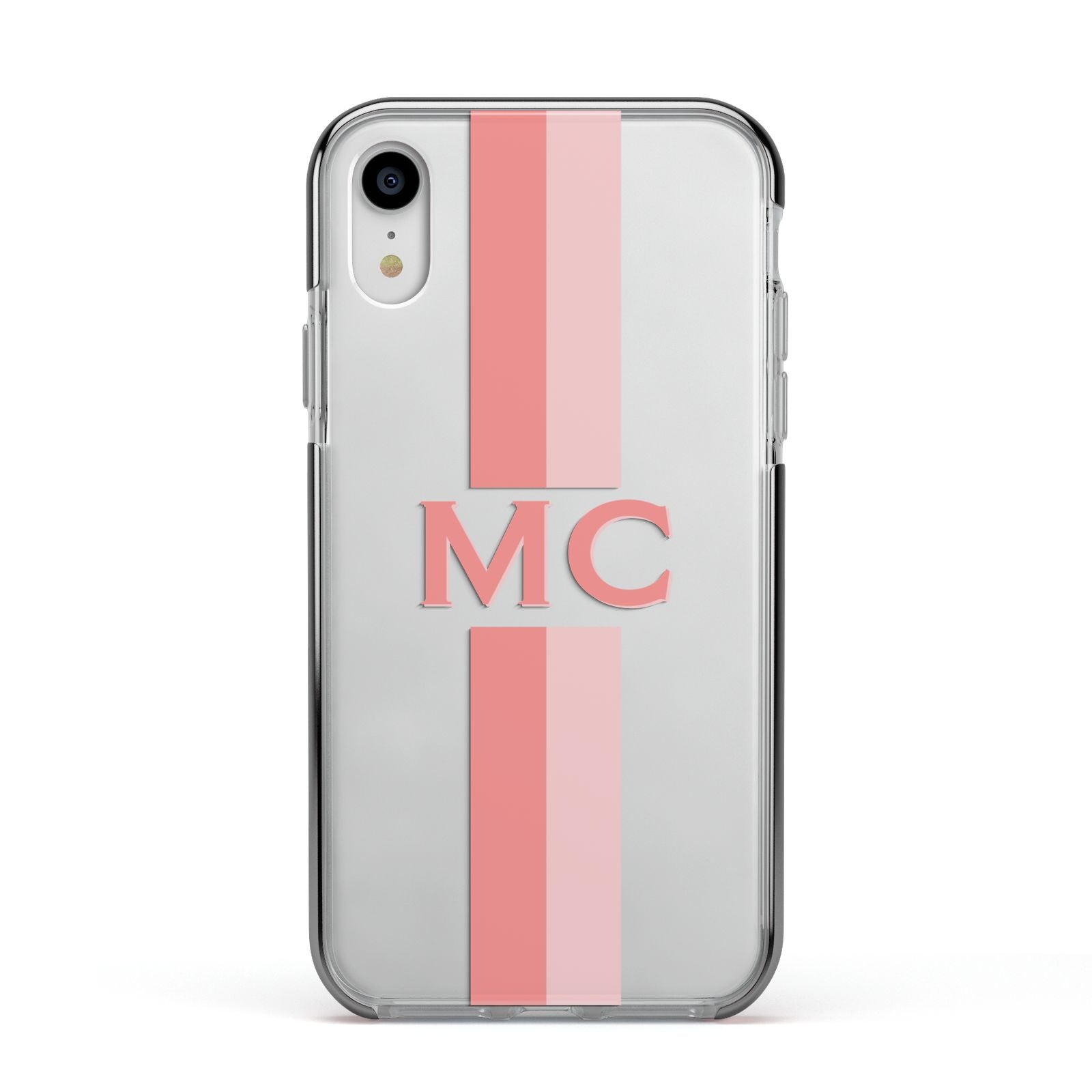 Personalised Transparent Striped Coral Pink Apple iPhone XR Impact Case Black Edge on Silver Phone