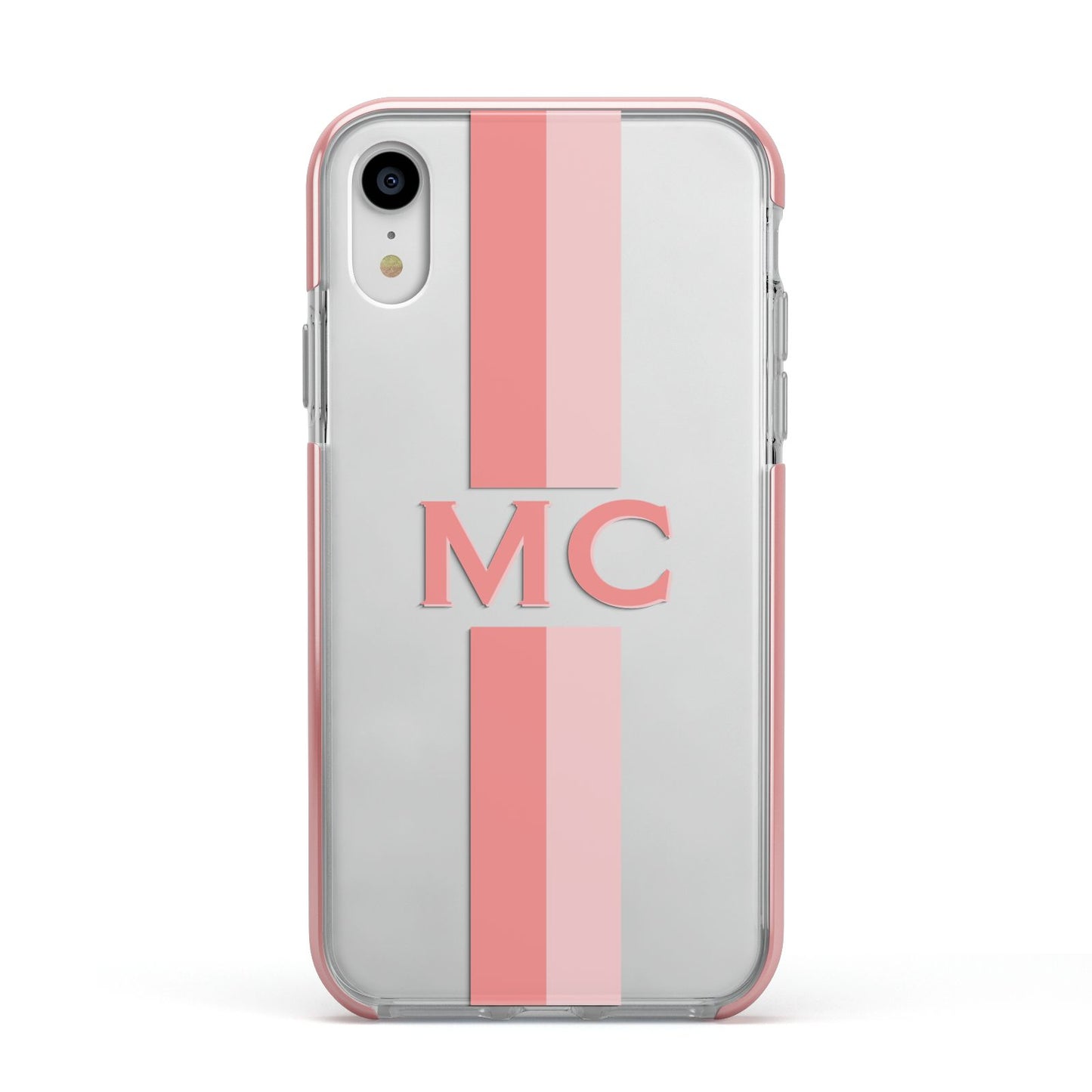 Personalised Transparent Striped Coral Pink Apple iPhone XR Impact Case Pink Edge on Silver Phone