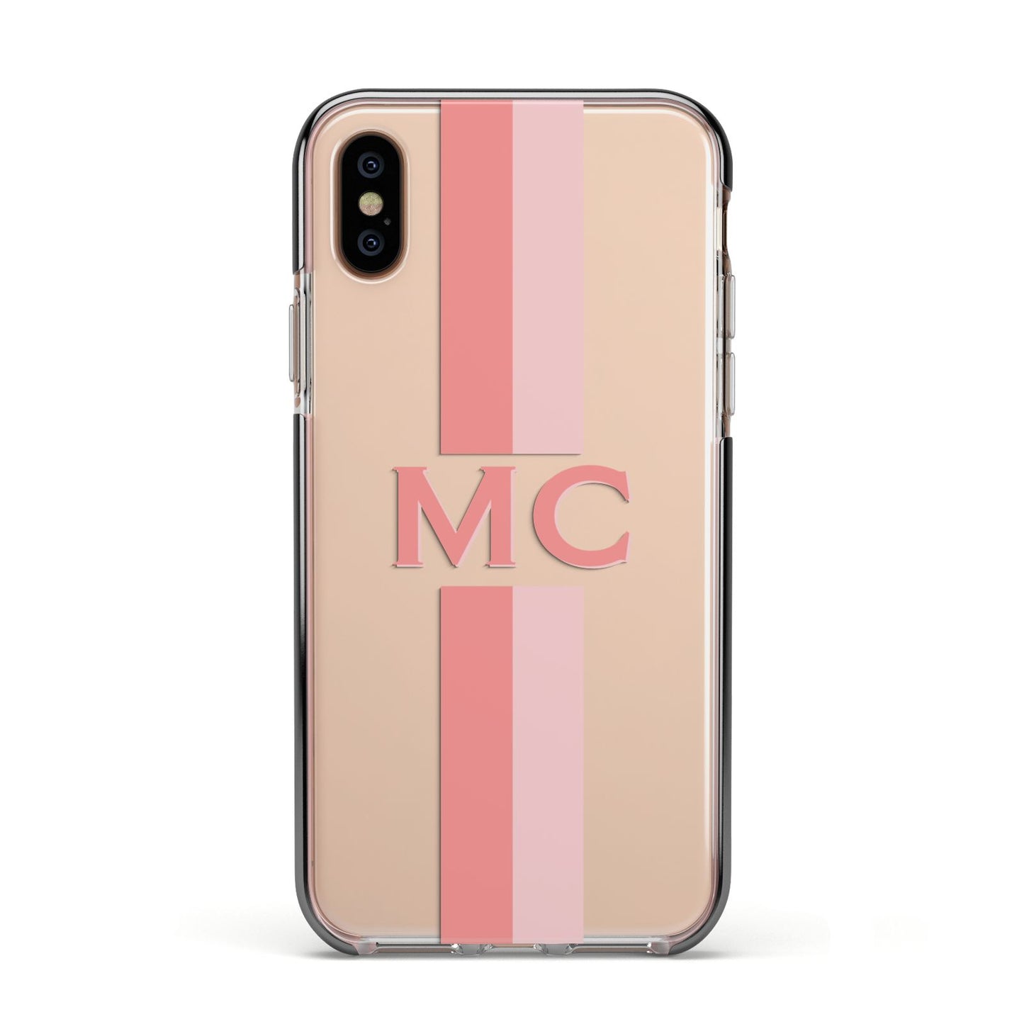 Personalised Transparent Striped Coral Pink Apple iPhone Xs Impact Case Black Edge on Gold Phone