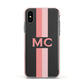 Personalised Transparent Striped Coral Pink Apple iPhone Xs Impact Case Pink Edge on Black Phone