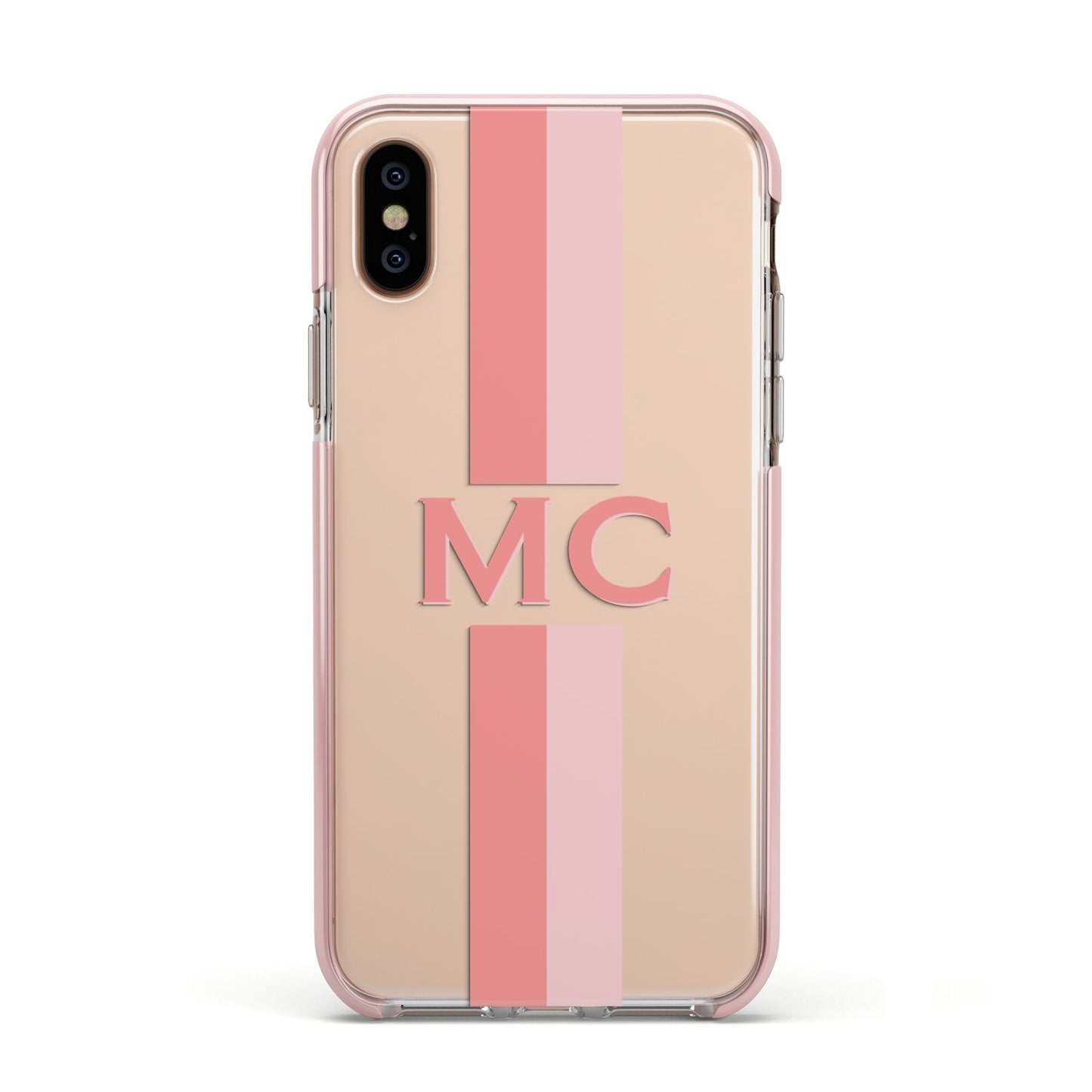Personalised Transparent Striped Coral Pink Apple iPhone Xs Impact Case Pink Edge on Gold Phone