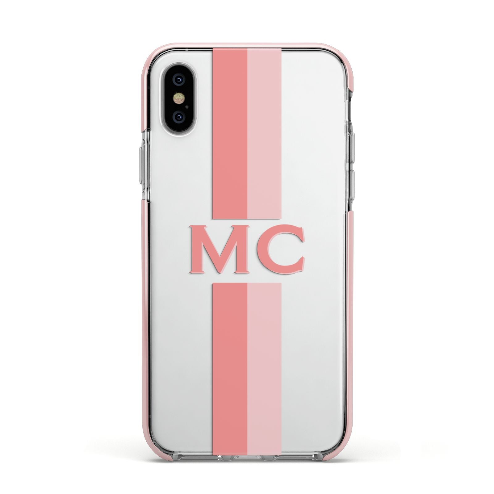 Personalised Transparent Striped Coral Pink Apple iPhone Xs Impact Case Pink Edge on Silver Phone
