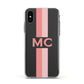 Personalised Transparent Striped Coral Pink Apple iPhone Xs Impact Case White Edge on Black Phone