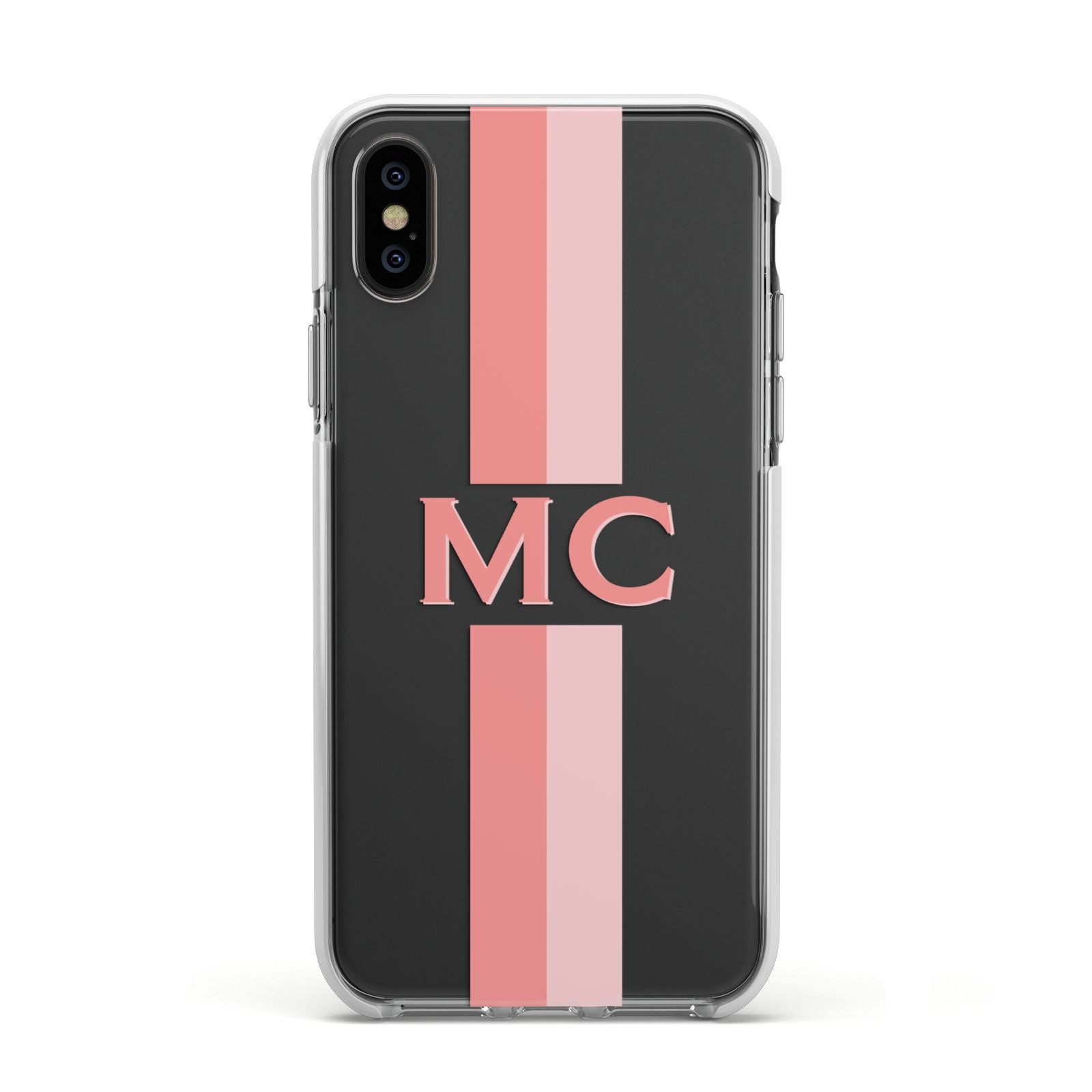 Personalised Transparent Striped Coral Pink Apple iPhone Xs Impact Case White Edge on Black Phone