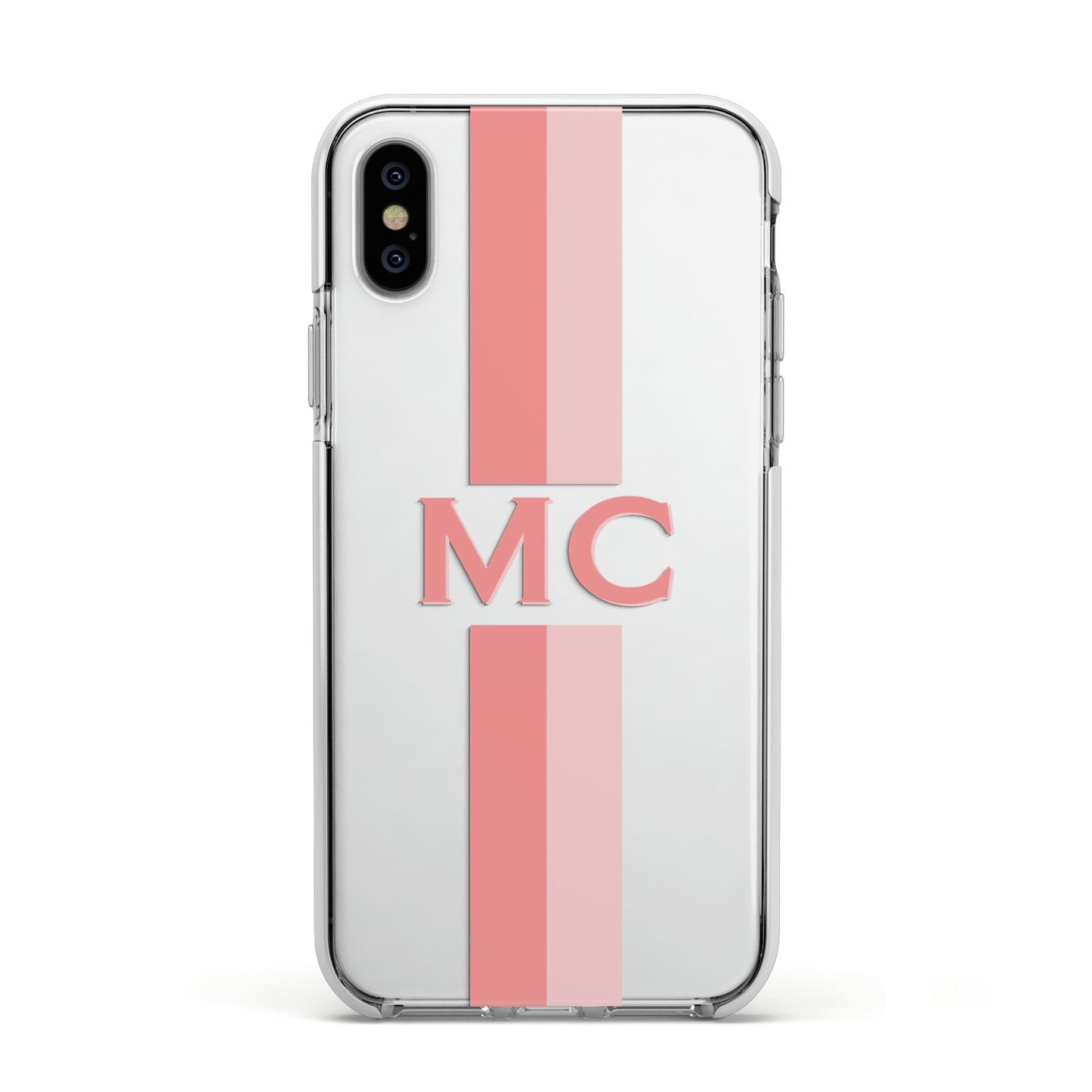 Personalised Transparent Striped Coral Pink Apple iPhone Xs Impact Case White Edge on Silver Phone