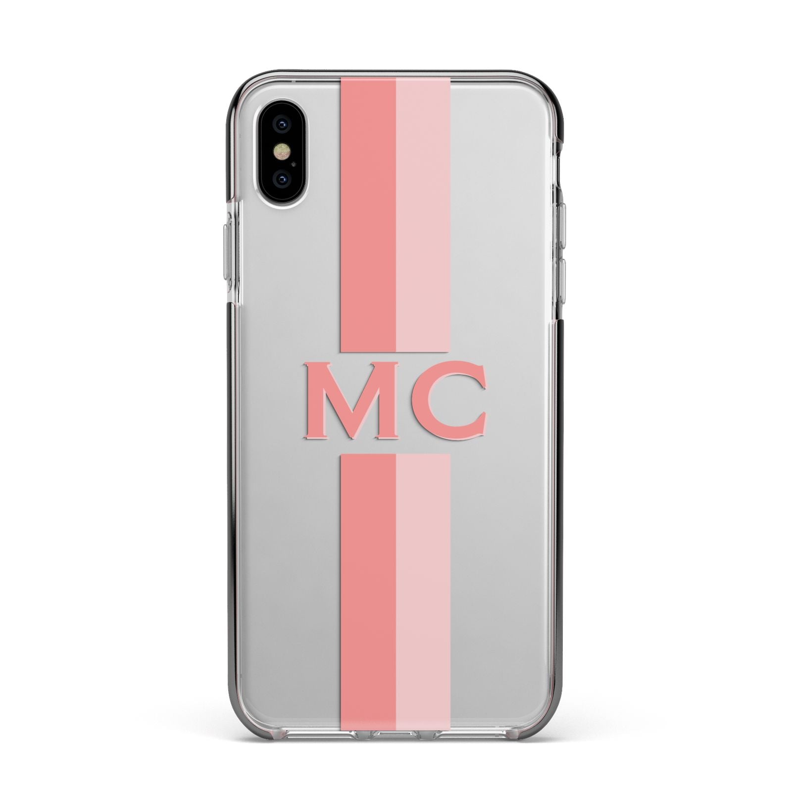 Personalised Transparent Striped Coral Pink Apple iPhone Xs Max Impact Case Black Edge on Silver Phone