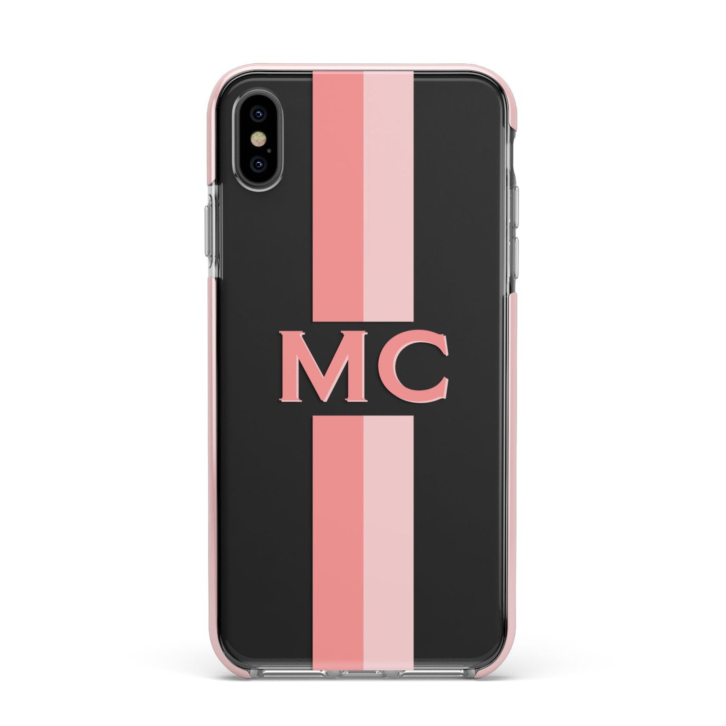 Personalised Transparent Striped Coral Pink Apple iPhone Xs Max Impact Case Pink Edge on Black Phone