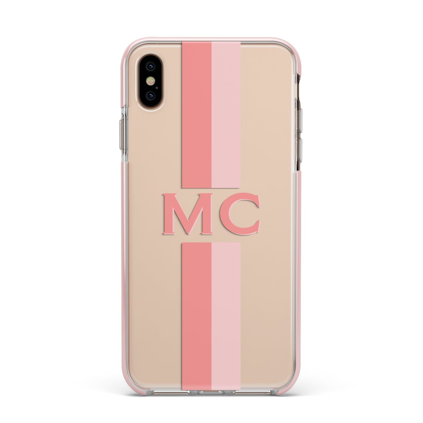 Personalised Transparent Striped Coral Pink Apple iPhone Xs Max Impact Case Pink Edge on Gold Phone