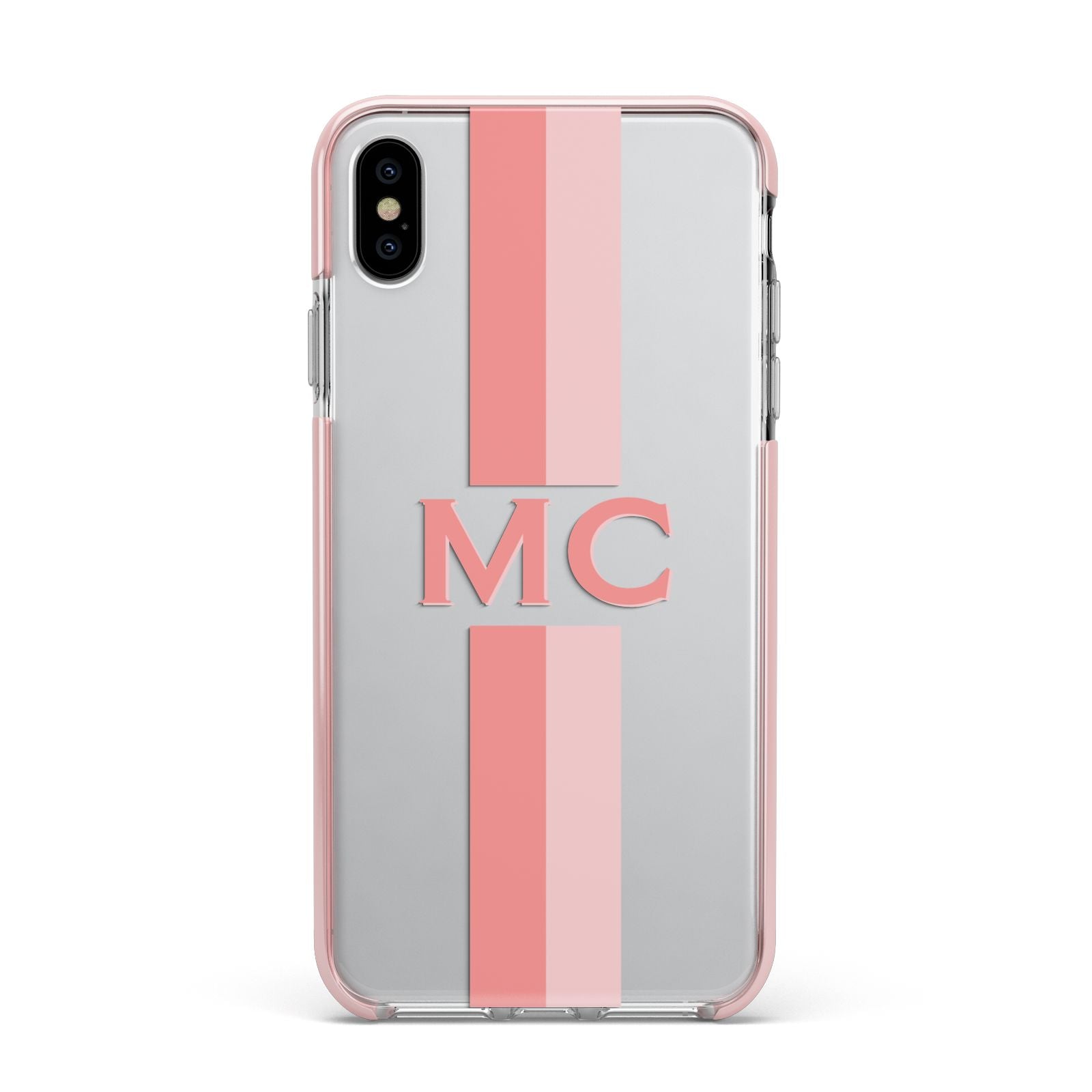Personalised Transparent Striped Coral Pink Apple iPhone Xs Max Impact Case Pink Edge on Silver Phone