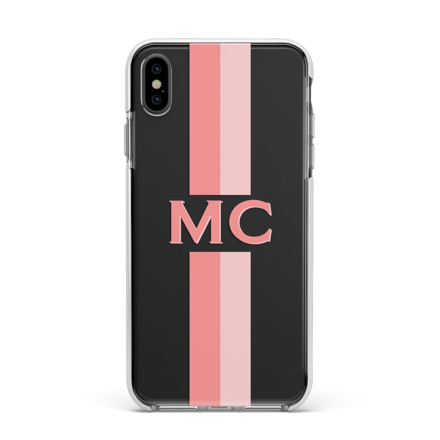 Personalised Transparent Striped Coral Pink Apple iPhone Xs Max Impact Case White Edge on Black Phone