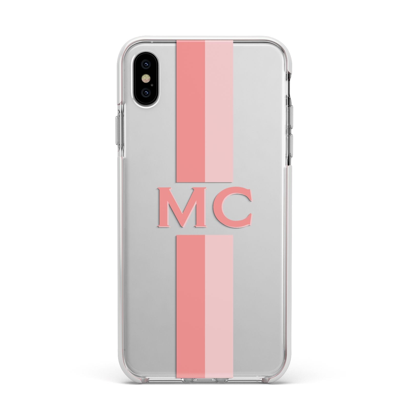 Personalised Transparent Striped Coral Pink Apple iPhone Xs Max Impact Case White Edge on Silver Phone