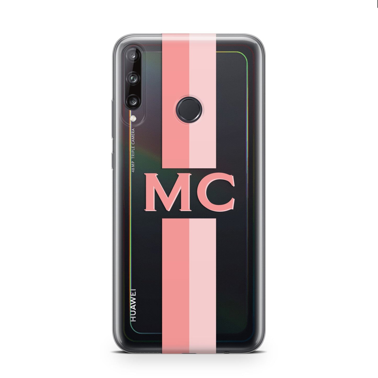 Personalised Transparent Striped Coral Pink Huawei P40 Lite E Phone Case
