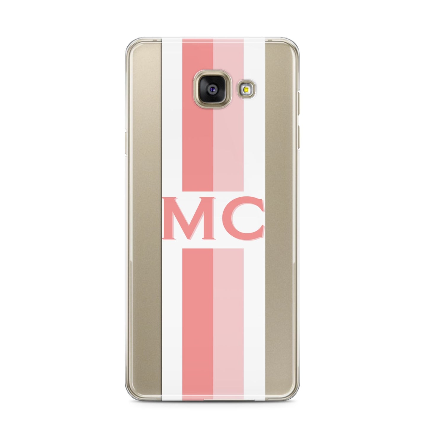 Personalised Transparent Striped Coral Pink Samsung Galaxy A3 2016 Case on gold phone