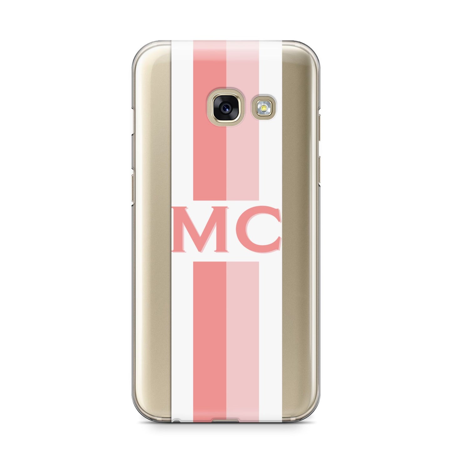 Personalised Transparent Striped Coral Pink Samsung Galaxy A3 2017 Case on gold phone
