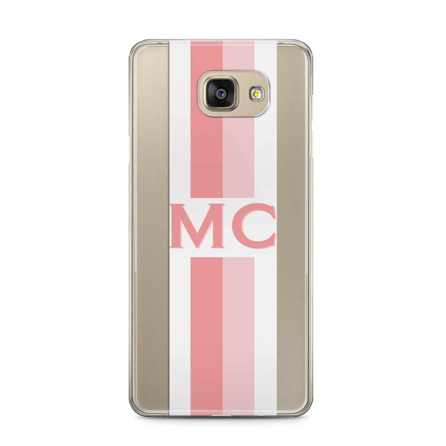 Personalised Transparent Striped Coral Pink Samsung Galaxy A5 2016 Case on gold phone