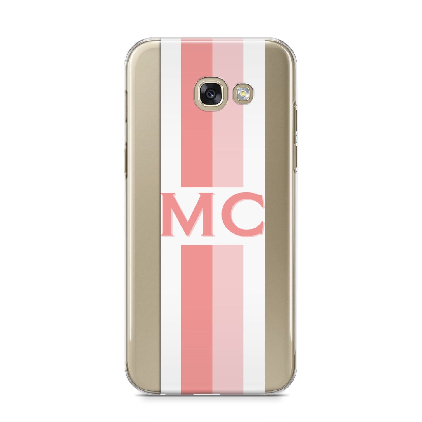 Personalised Transparent Striped Coral Pink Samsung Galaxy A5 2017 Case on gold phone