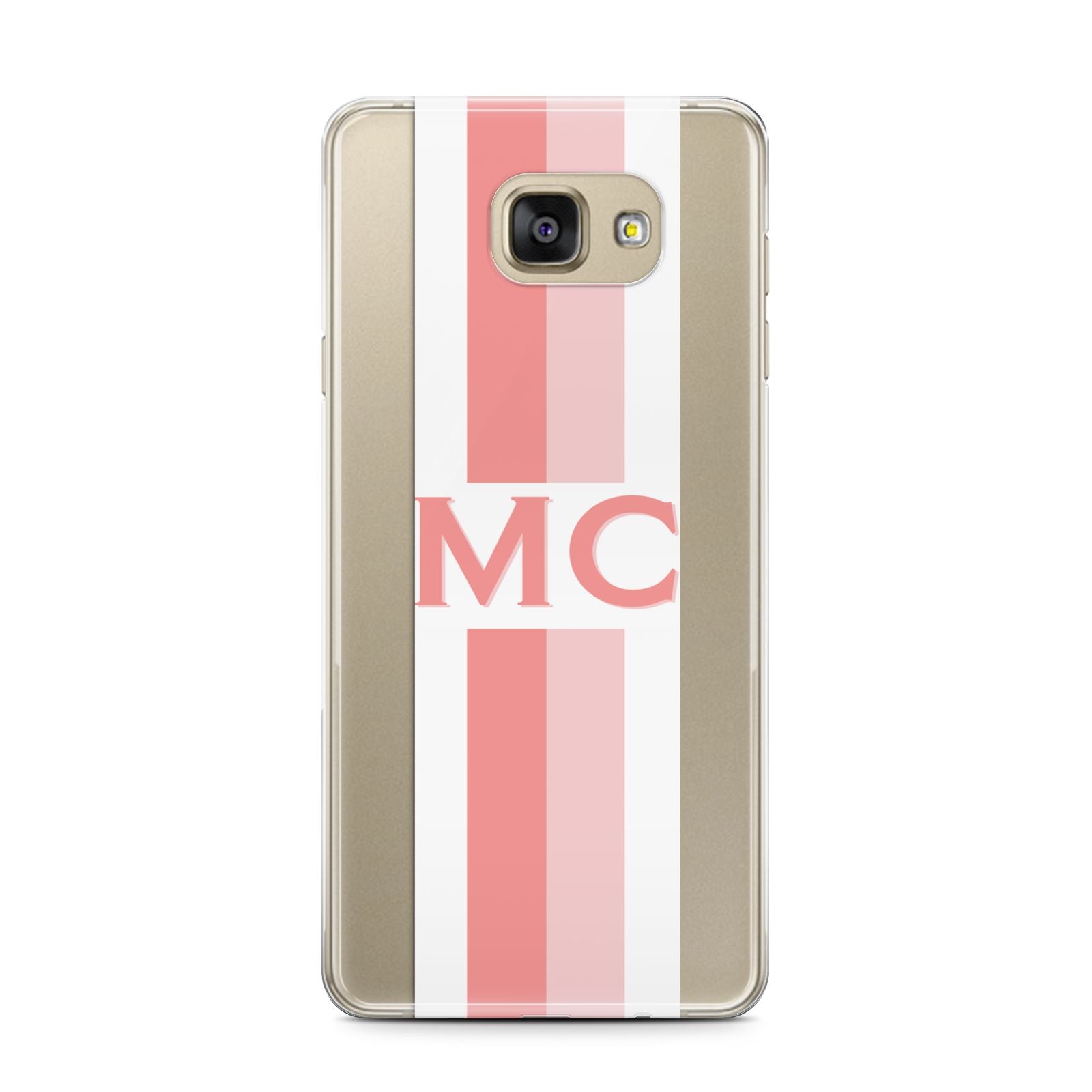 Personalised Transparent Striped Coral Pink Samsung Galaxy A7 2016 Case on gold phone