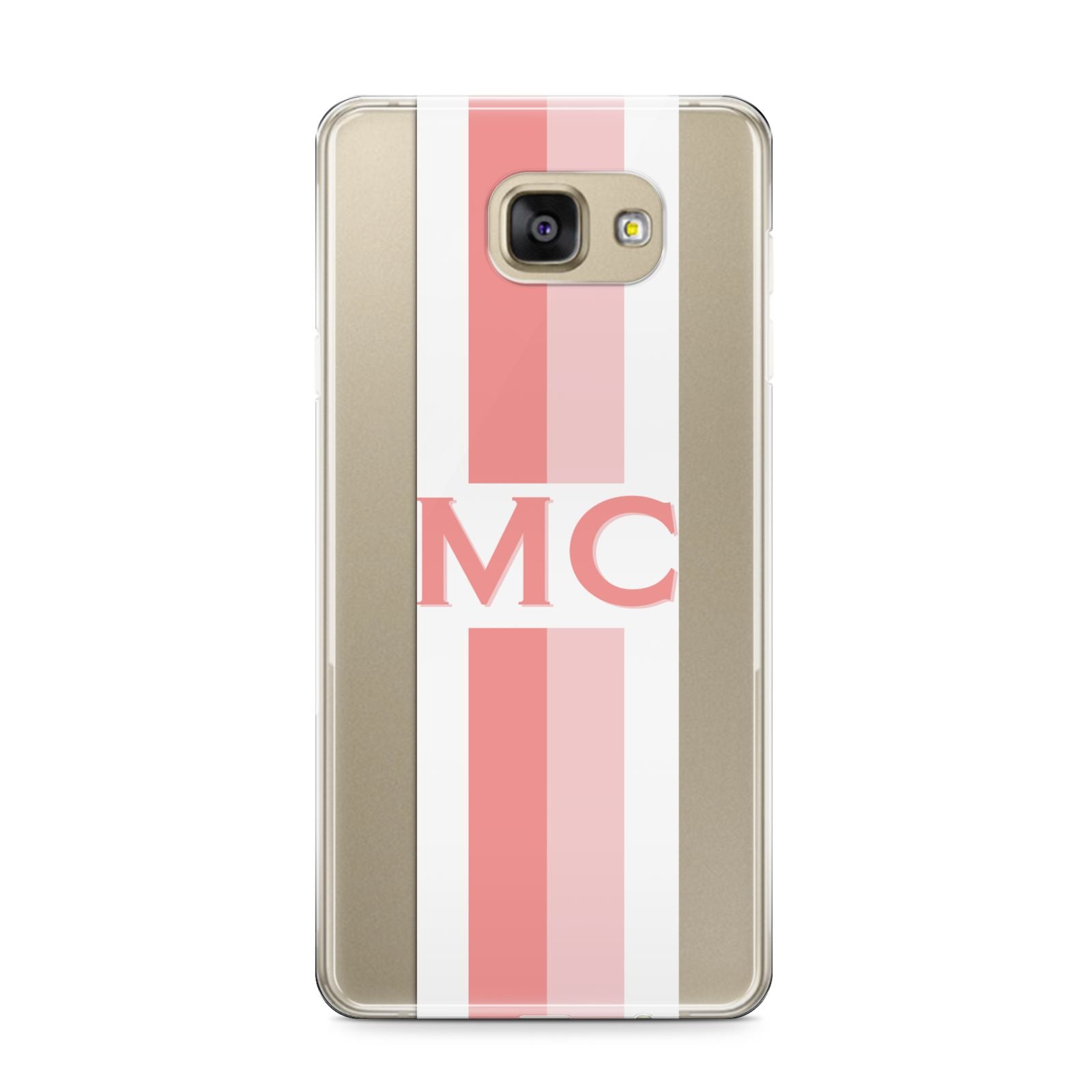 Personalised Transparent Striped Coral Pink Samsung Galaxy A9 2016 Case on gold phone