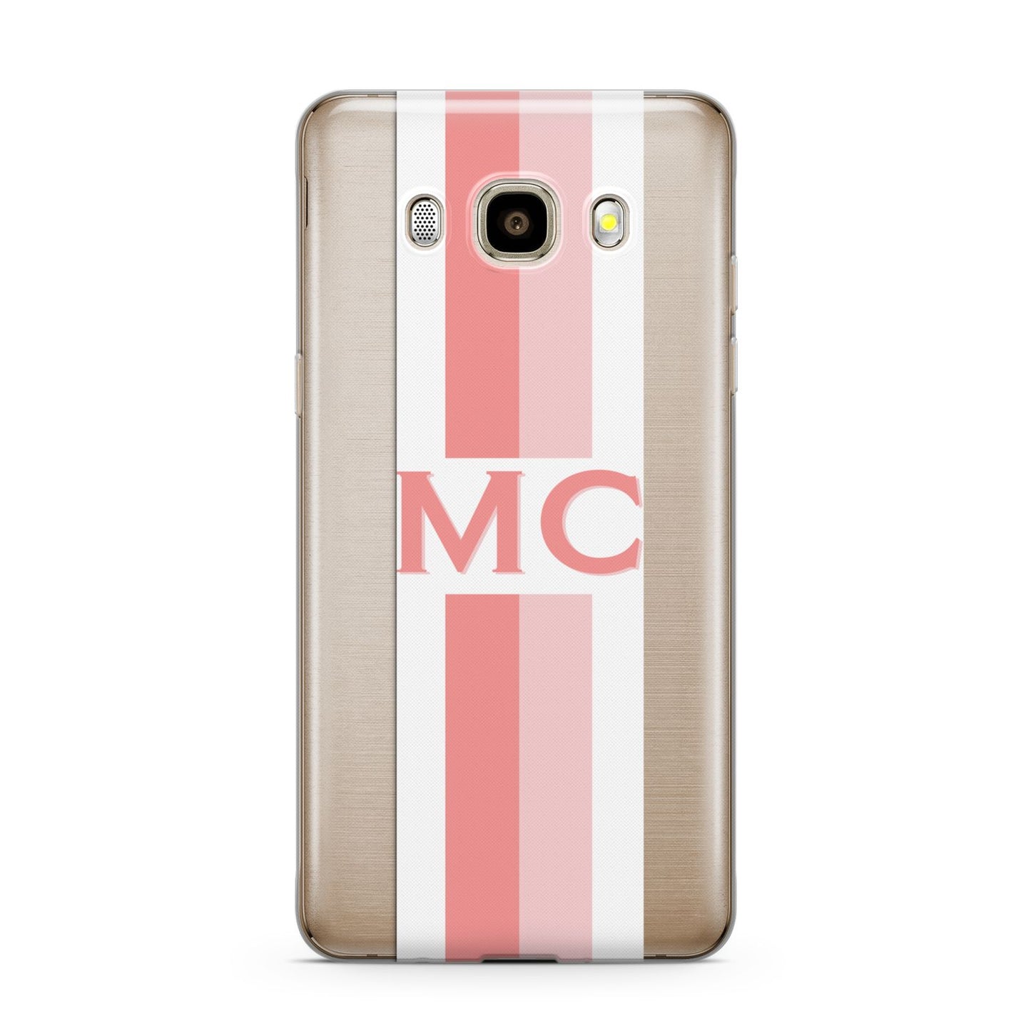 Personalised Transparent Striped Coral Pink Samsung Galaxy J7 2016 Case on gold phone