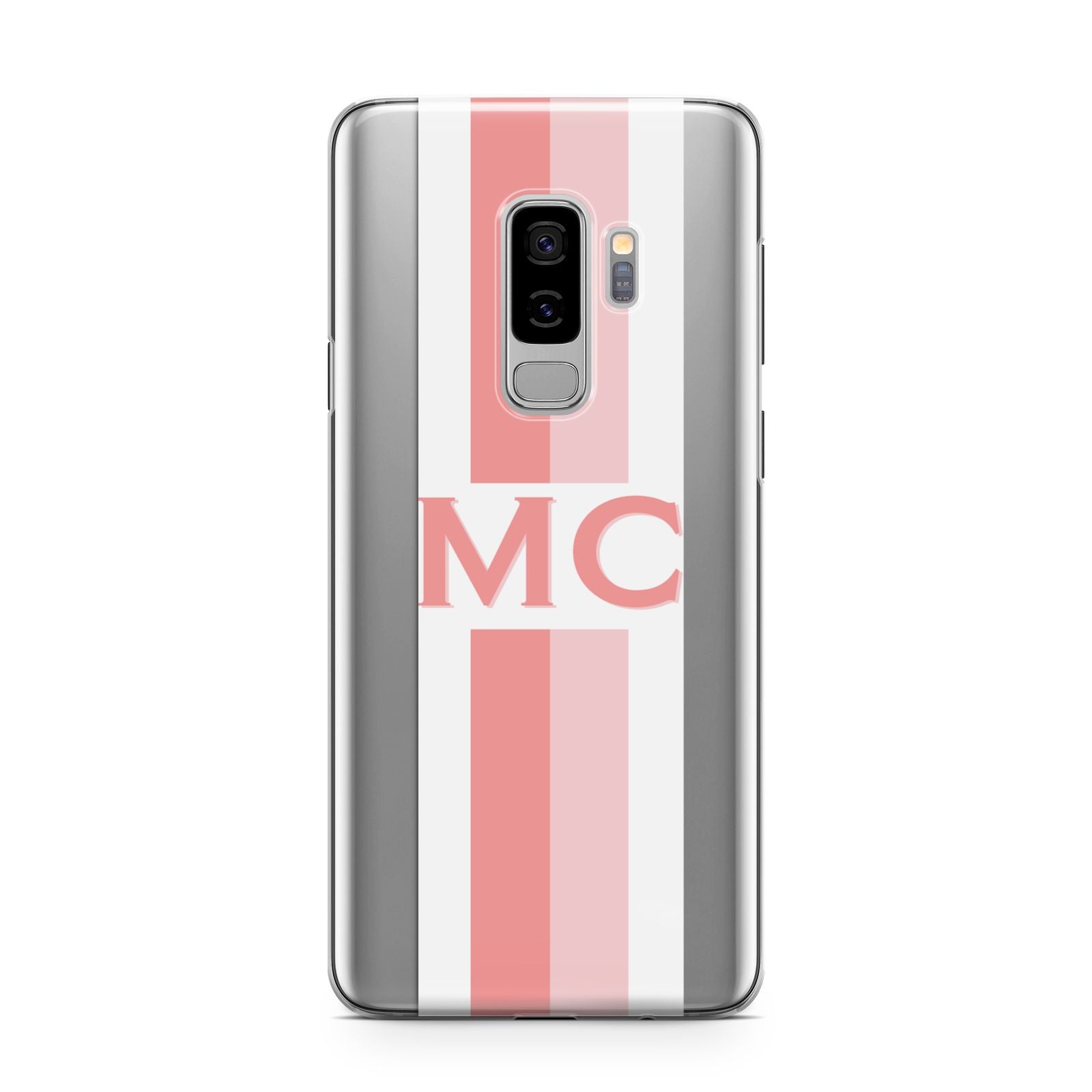 Personalised Transparent Striped Coral Pink Samsung Galaxy S9 Plus Case on Silver phone