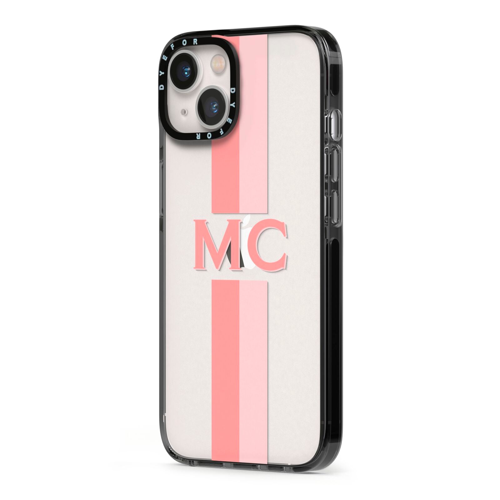 Personalised Transparent Striped Coral Pink iPhone 13 Black Impact Case Side Angle on Silver phone