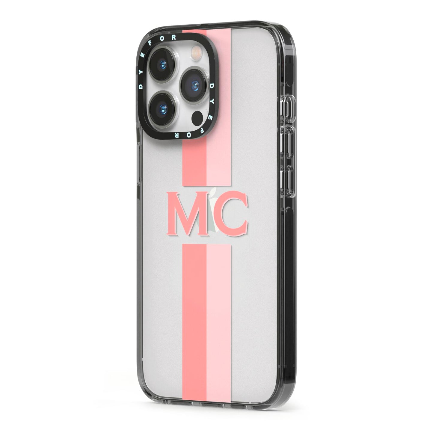 Personalised Transparent Striped Coral Pink iPhone 13 Pro Black Impact Case Side Angle on Silver phone