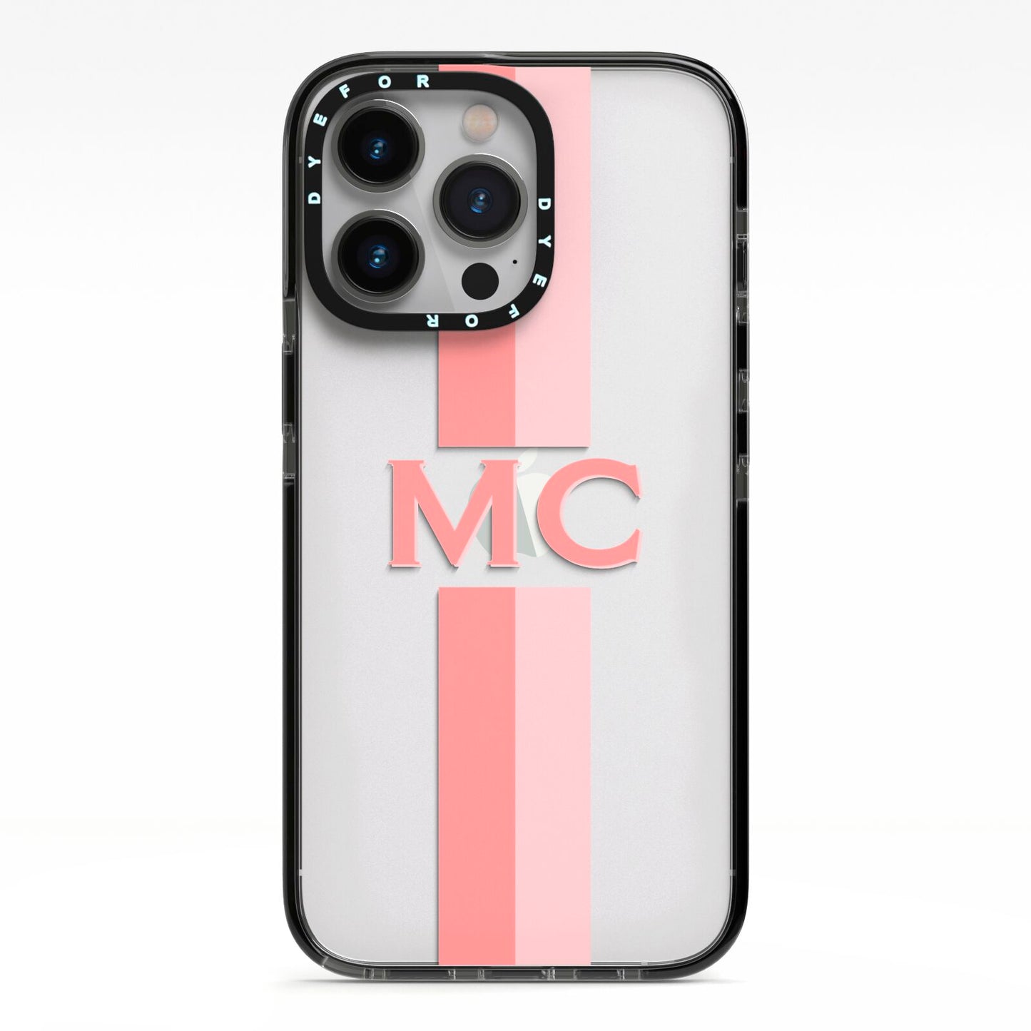Personalised Transparent Striped Coral Pink iPhone 13 Pro Black Impact Case on Silver phone