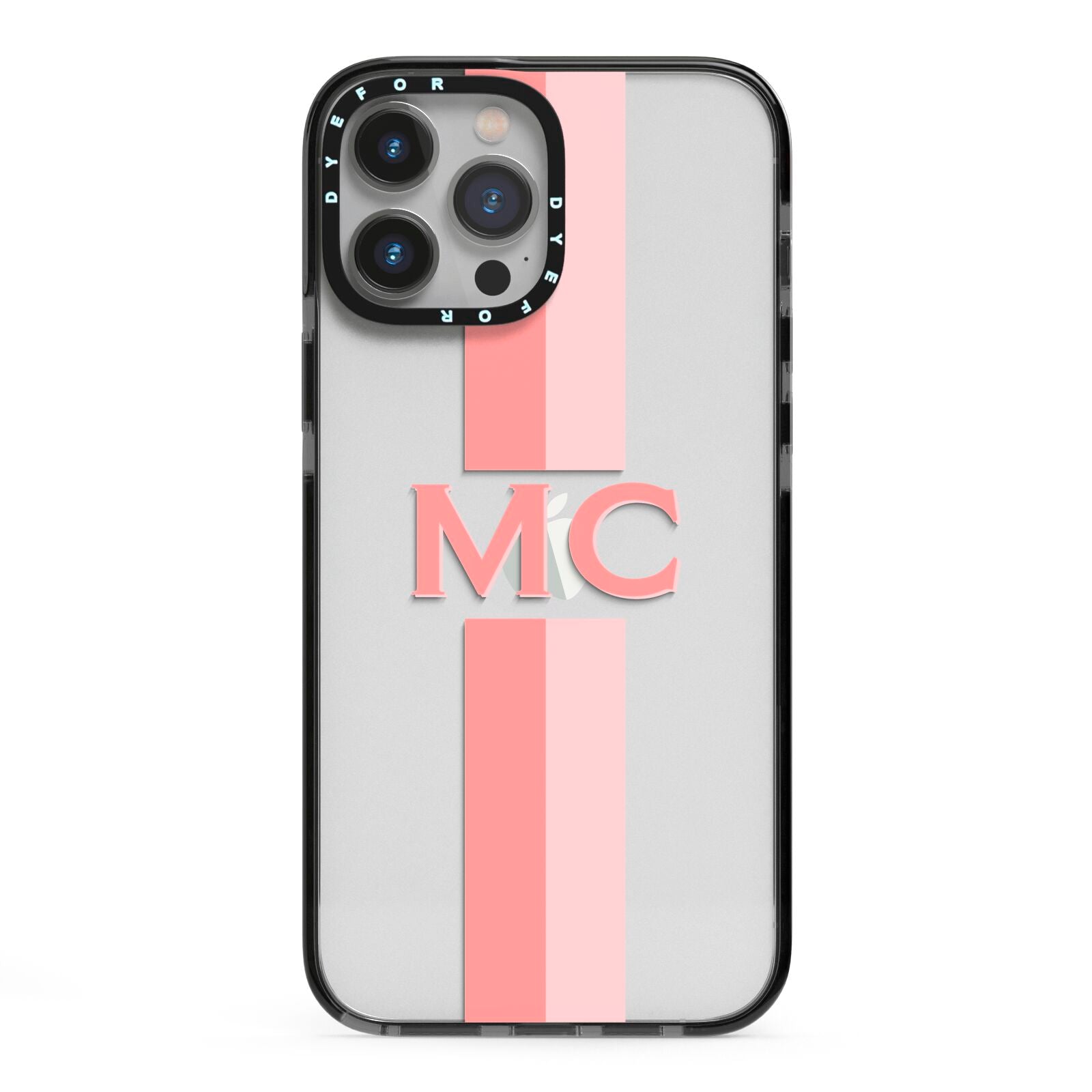 Personalised Transparent Striped Coral Pink iPhone 13 Pro Max Black Impact Case on Silver phone