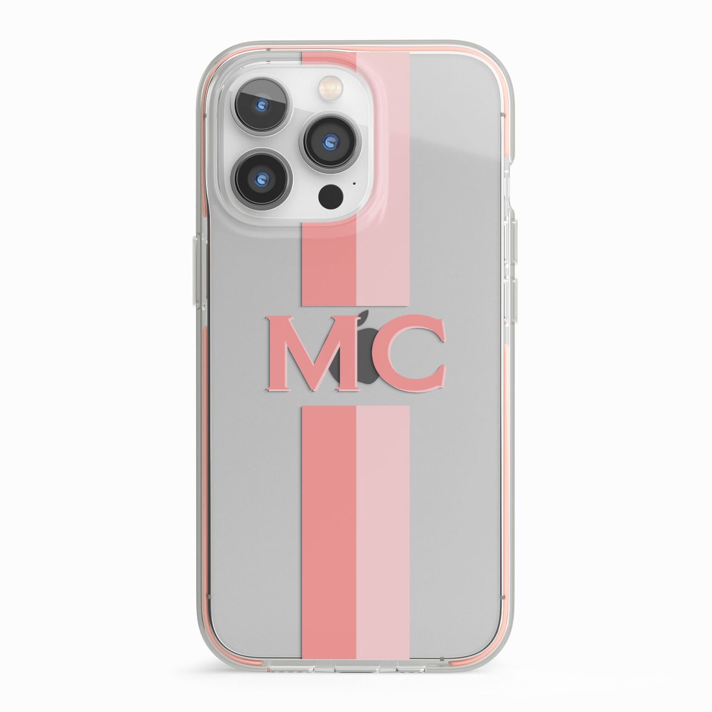 Personalised Transparent Striped Coral Pink iPhone 13 Pro TPU Impact Case with Pink Edges