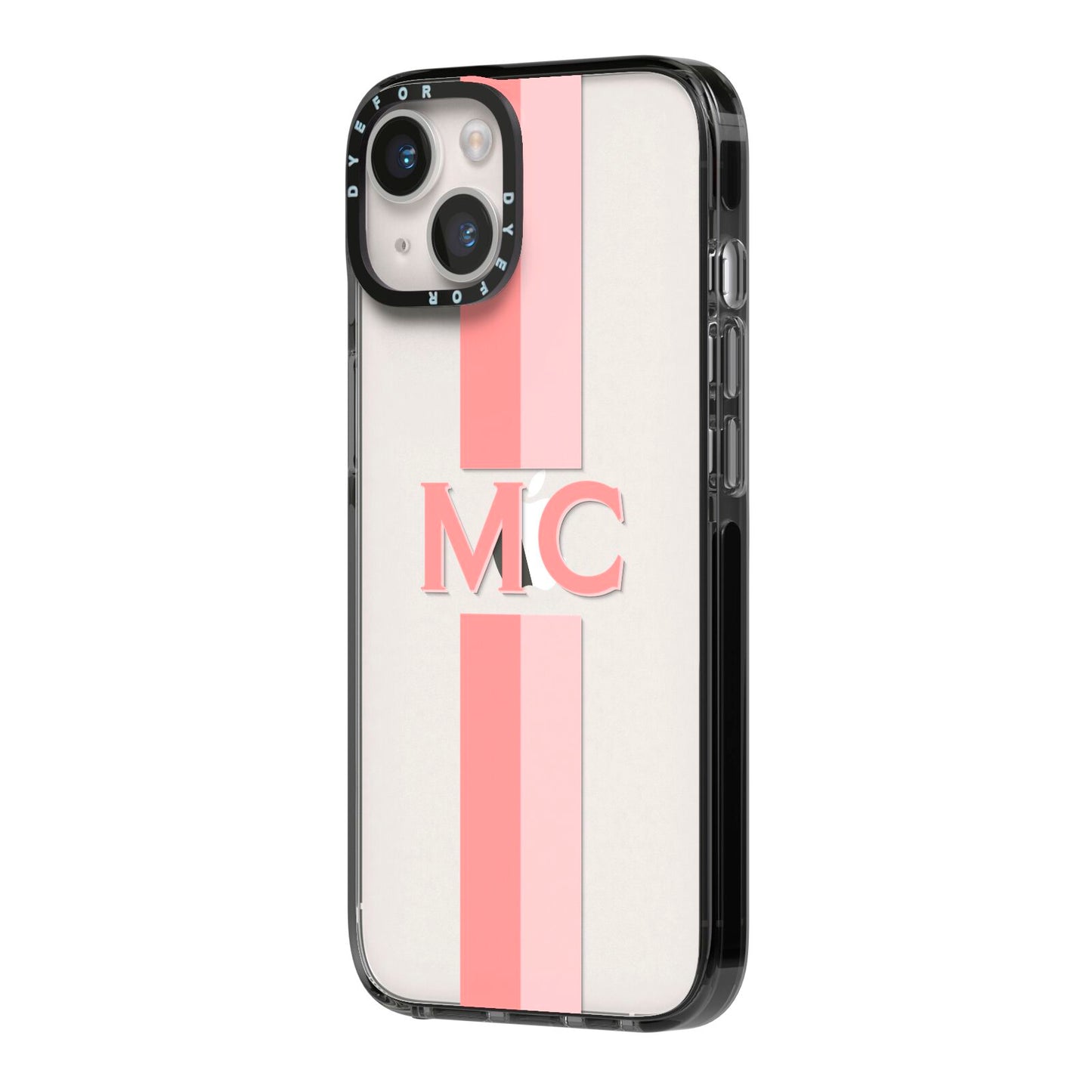 Personalised Transparent Striped Coral Pink iPhone 14 Black Impact Case Side Angle on Silver phone