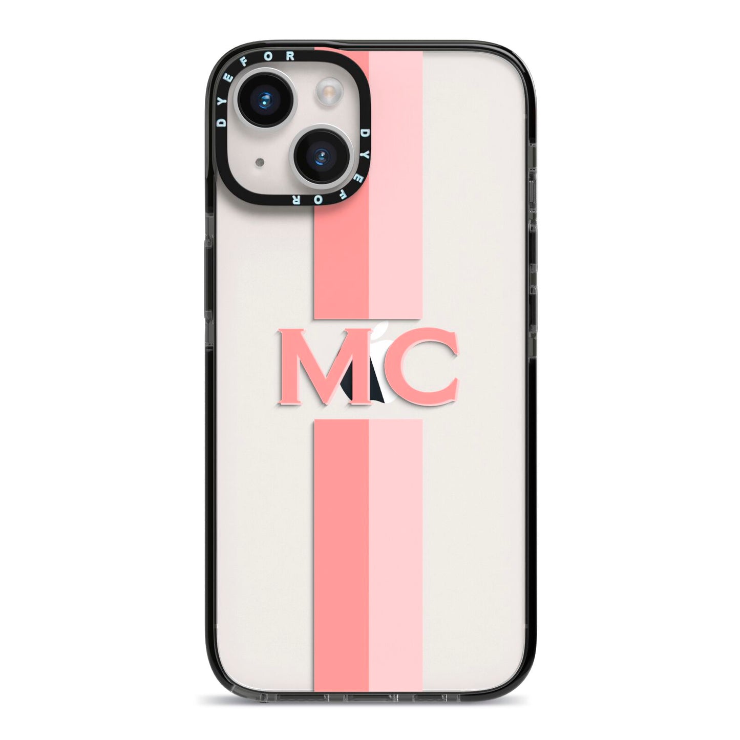 Personalised Transparent Striped Coral Pink iPhone 14 Black Impact Case on Silver phone