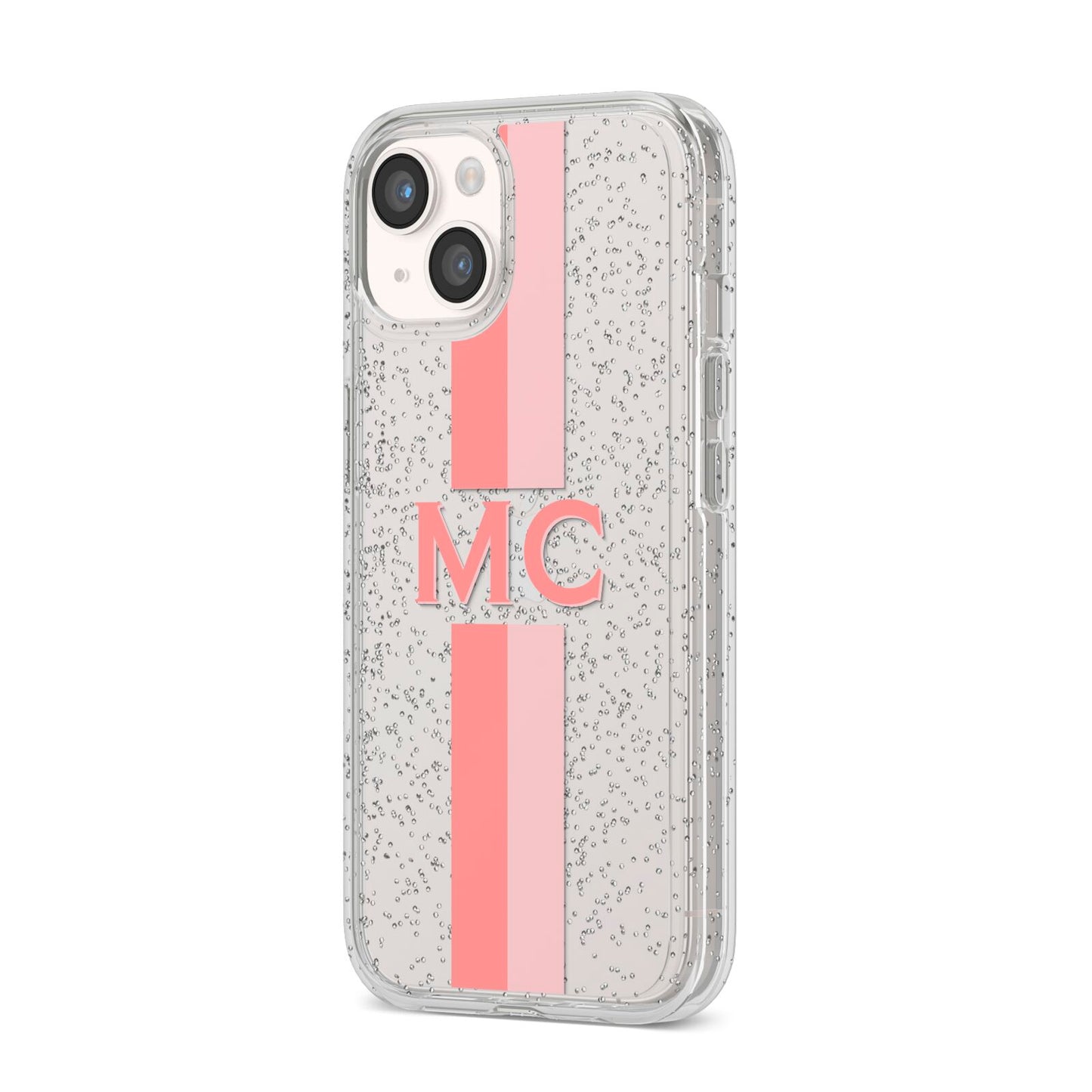 Personalised Transparent Striped Coral Pink iPhone 14 Glitter Tough Case Starlight Angled Image