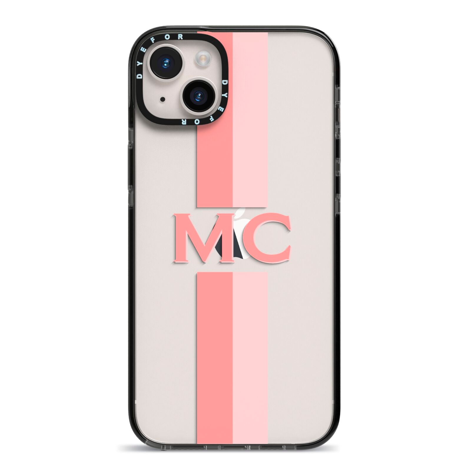 Personalised Transparent Striped Coral Pink iPhone 14 Plus Black Impact Case on Silver phone